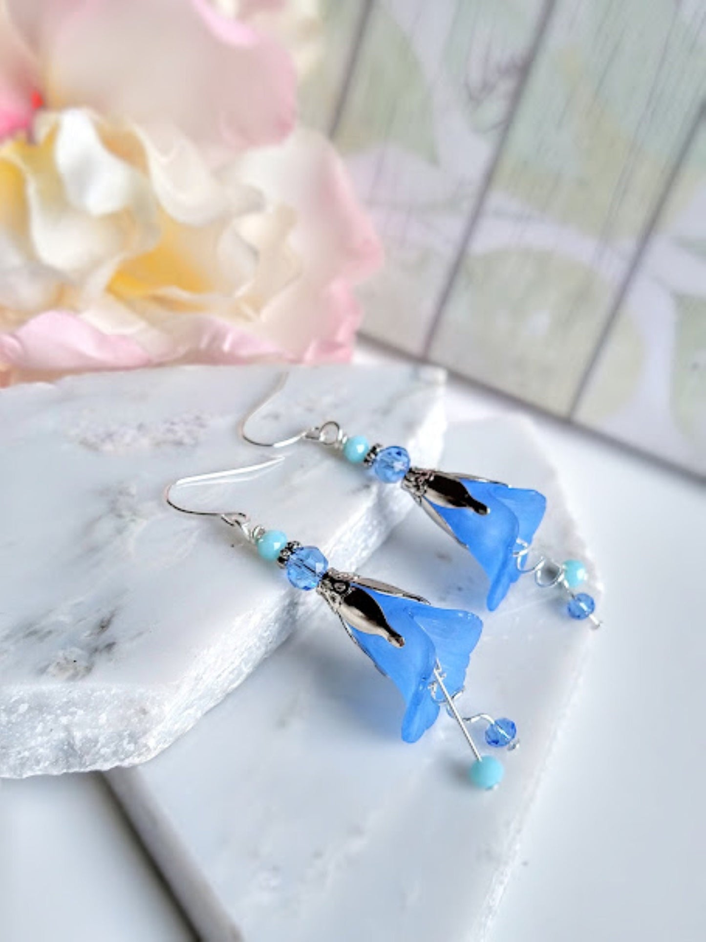Blue Flower Silver Dangle Earrings Bridal Braidesmaid Floral Earrings Flower Jewelry Gift For Her Bad Apple Designs Dainty Earrings Dangle