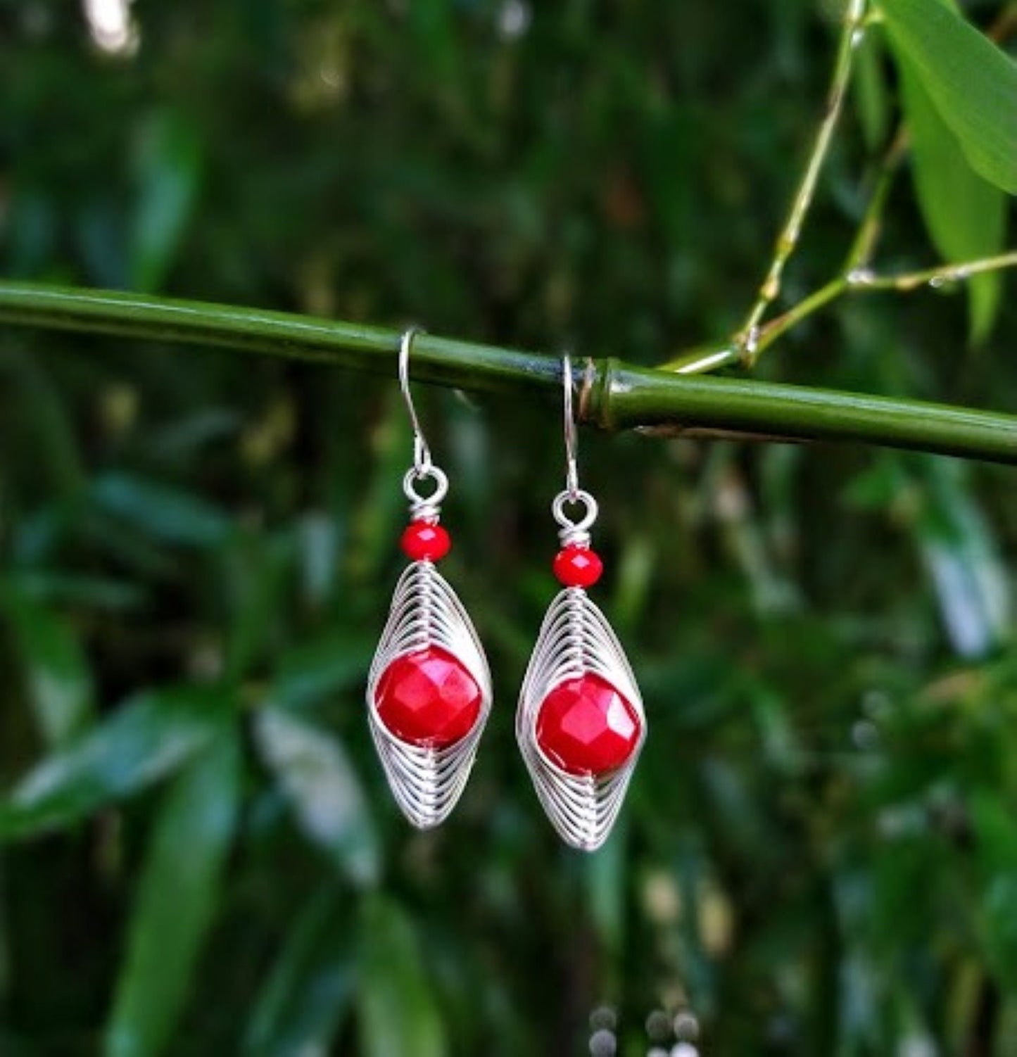 Red Glass Dangle Earrings: Wire Wrapped Gemstone Earrings