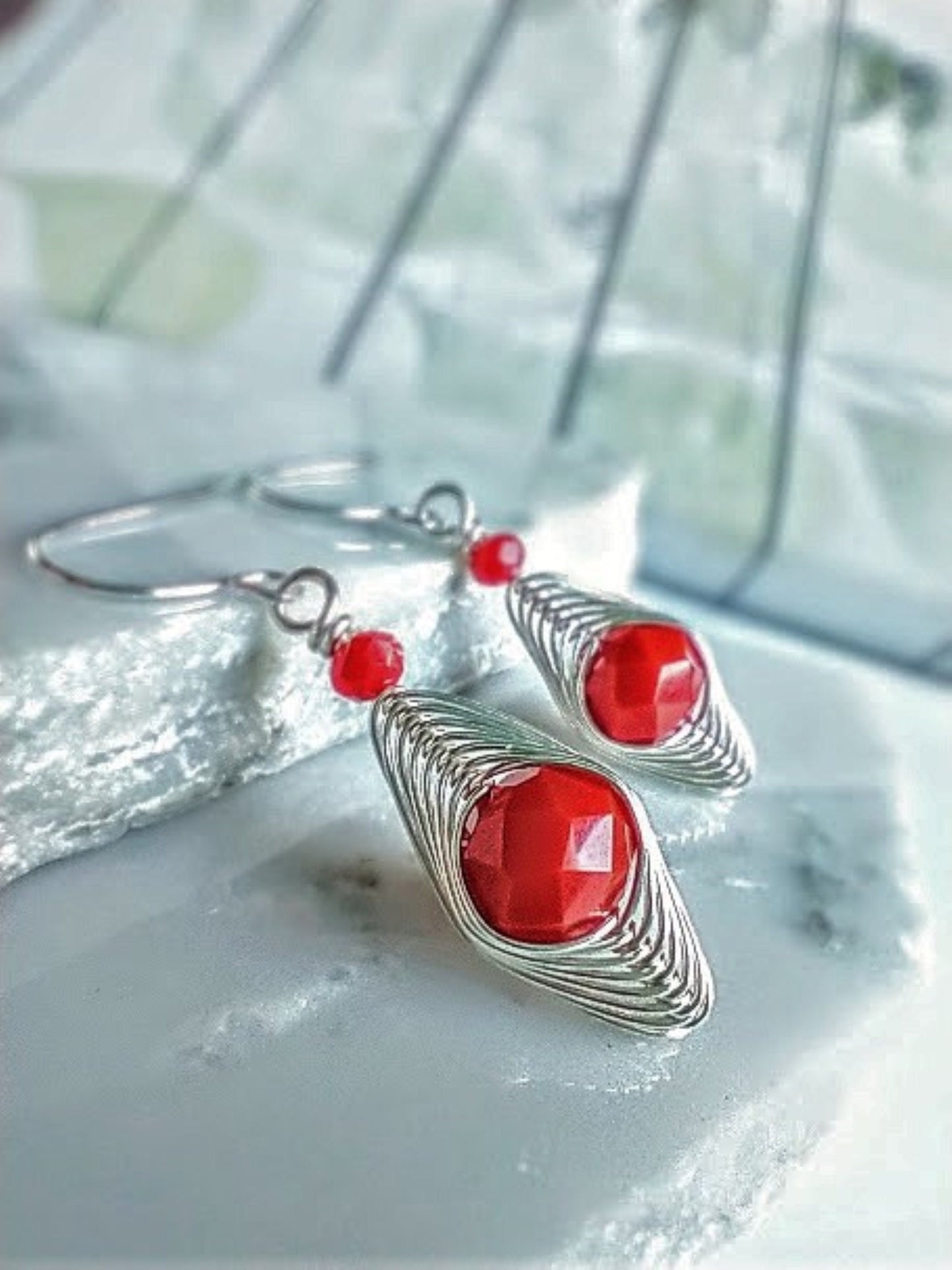 Red Glass Dangle Earrings: Wire Wrapped Gemstone Earrings