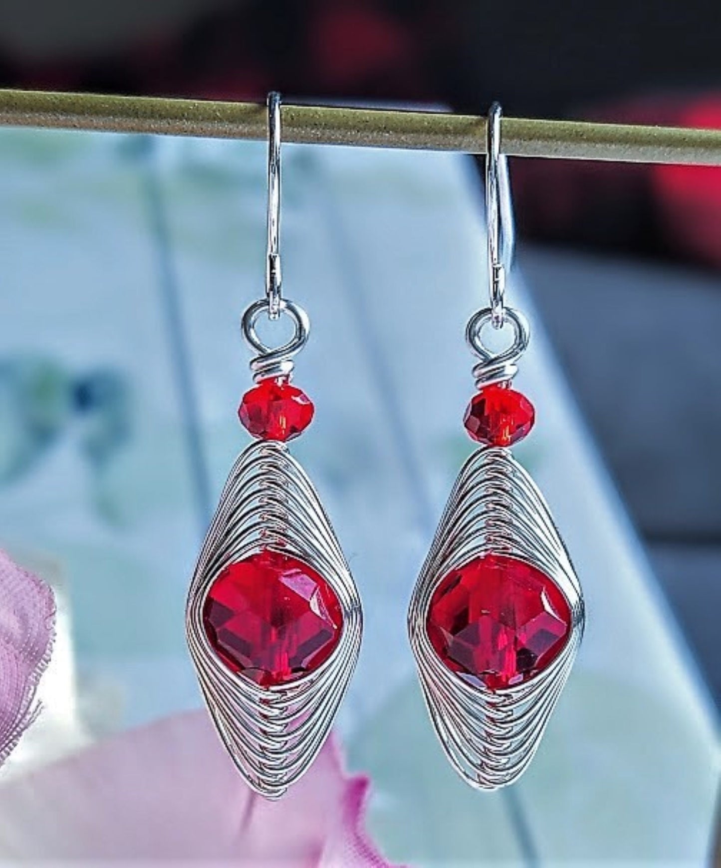 Handmade Mini Wire Wrapped Earrings: Red Crystal Dangle Jewelry