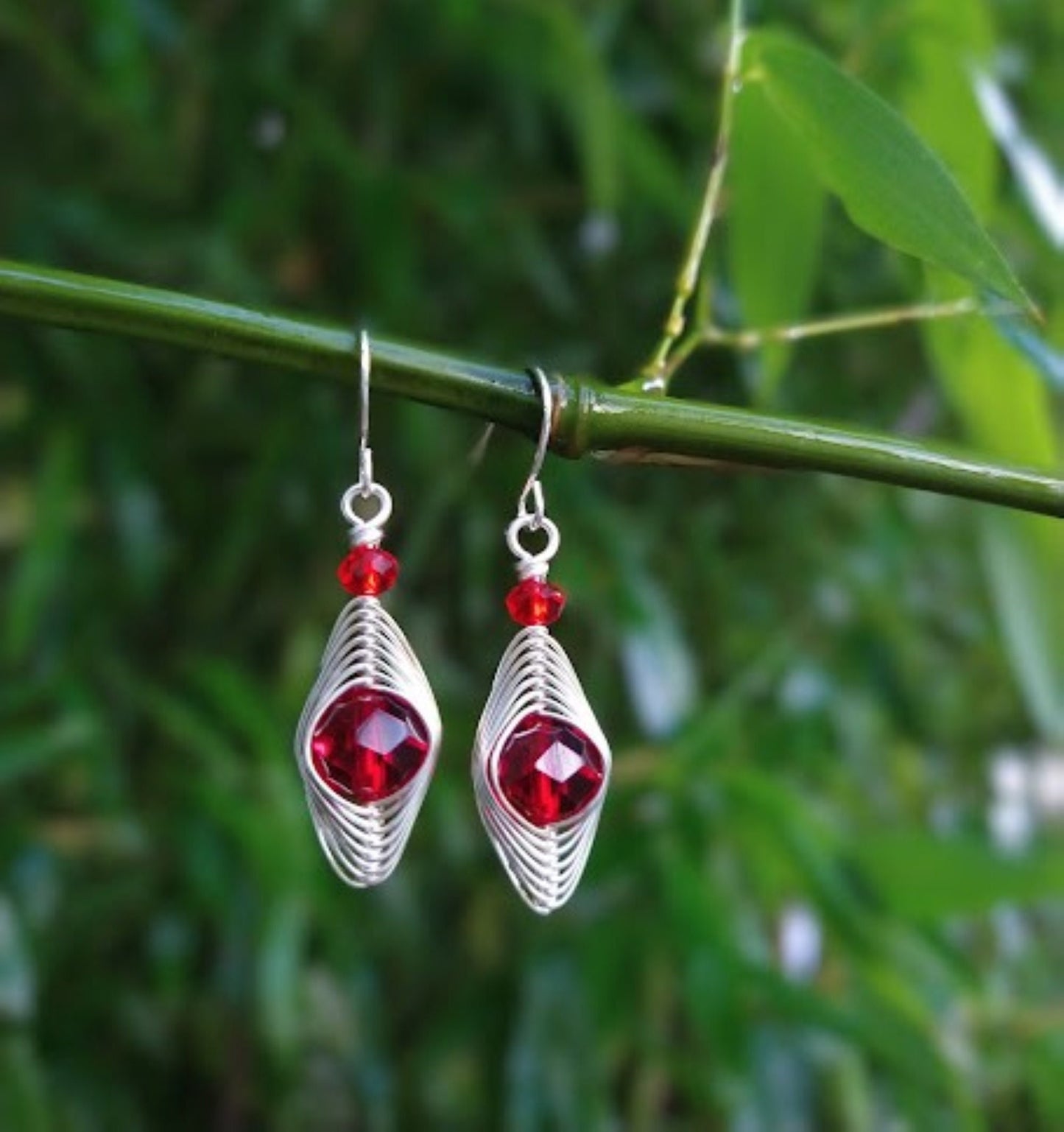 Handmade Mini Wire Wrapped Earrings: Red Crystal Dangle Jewelry