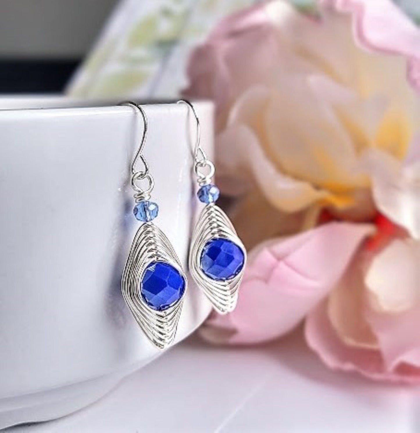 Handmade Cobalt Blue Glass Dangle Earrings: Hypoallergenic Wire Wrapped Jewelry