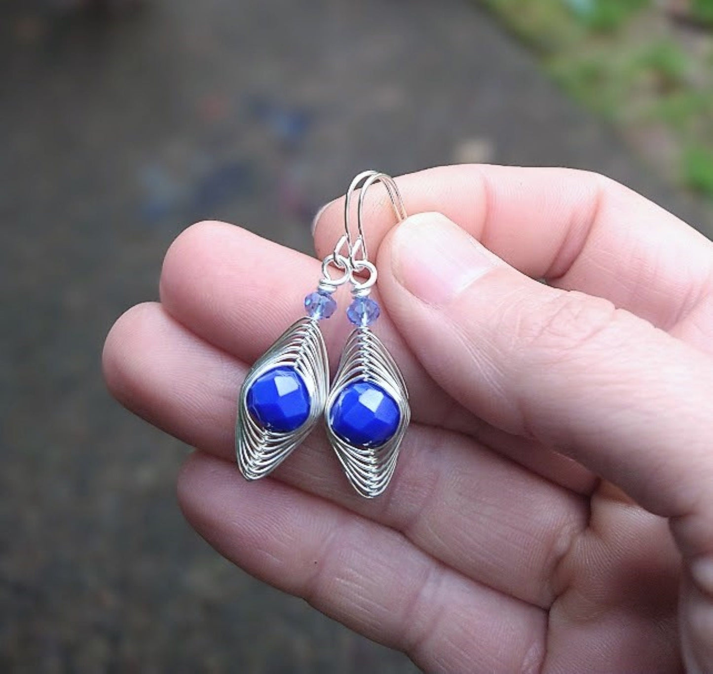 Handmade Cobalt Blue Glass Dangle Earrings: Hypoallergenic Wire Wrapped Jewelry