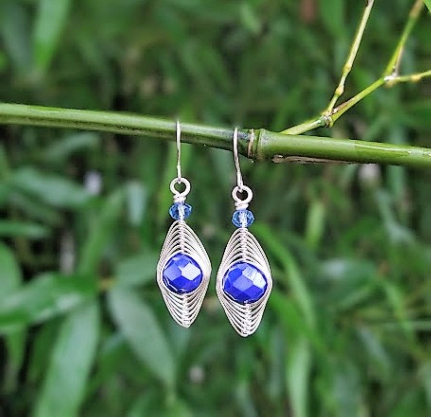 Handmade Cobalt Blue Glass Dangle Earrings: Hypoallergenic Wire Wrapped Jewelry