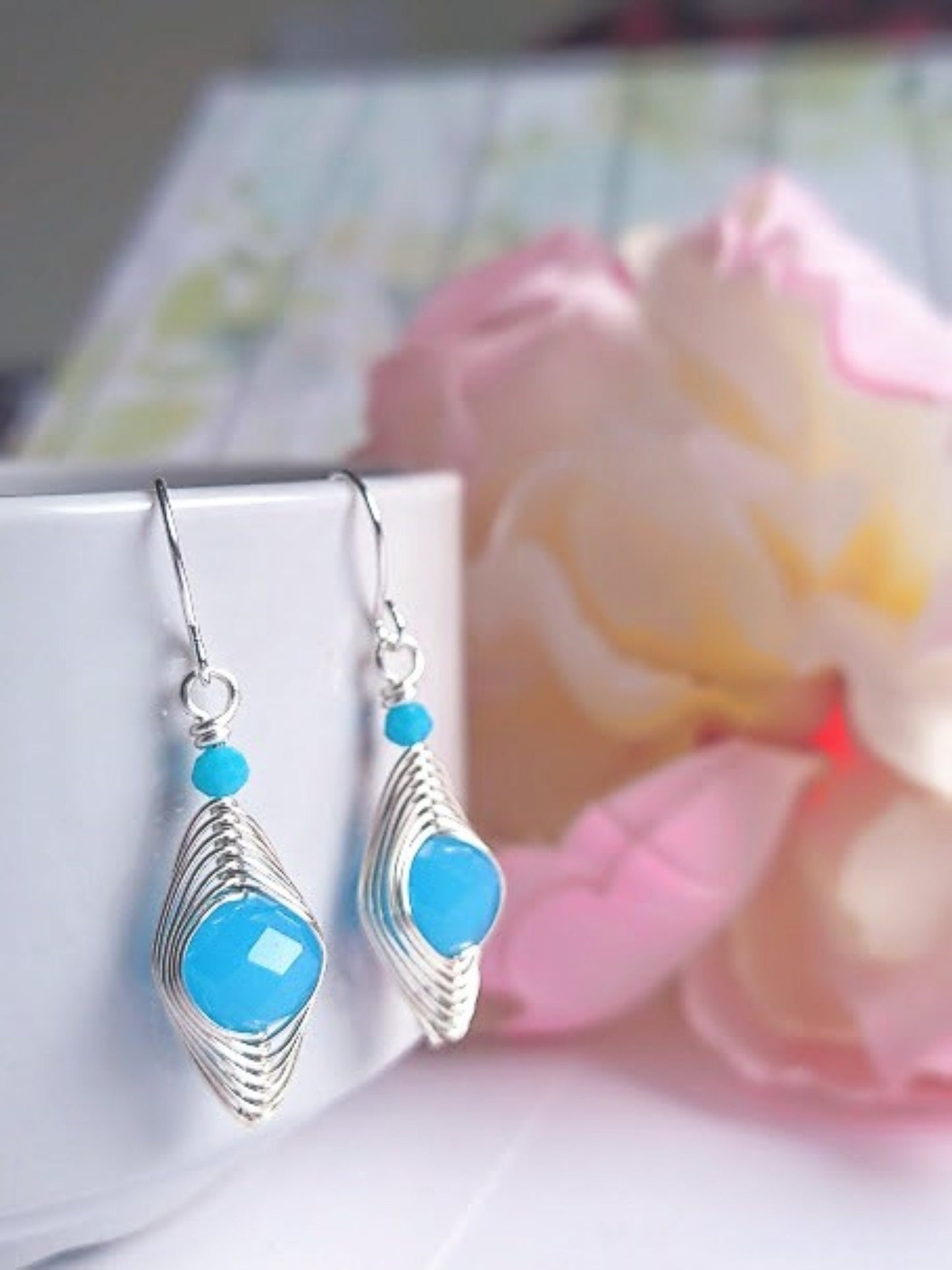Aquamarine Glass Dangle Earrings: Sterling Silver Wire Wrapped Crystal