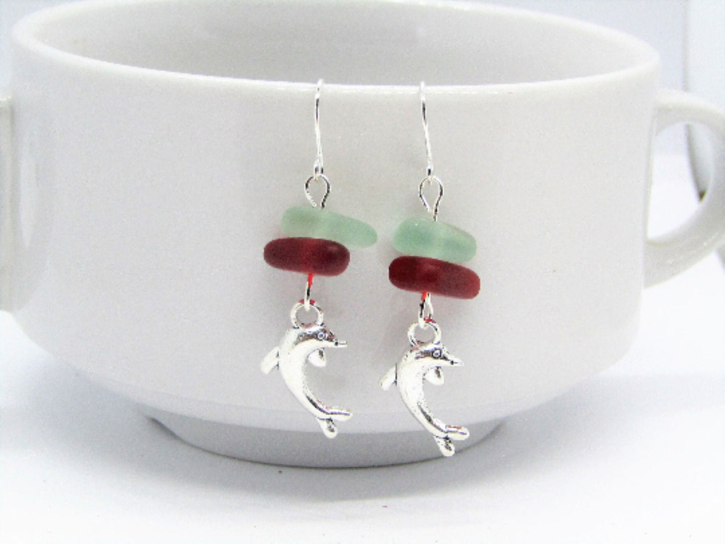 Sea Glass Dolphin Earrings: Sterling Silver Beach Jewelry