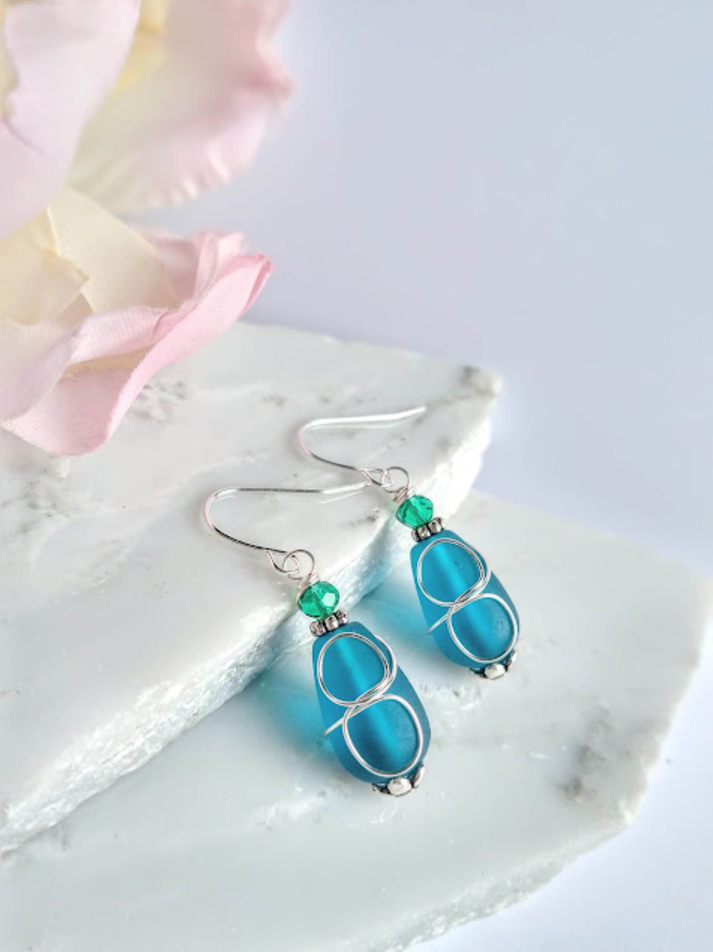 Teal Blue Sea Glass Earrings Minimalist Drop Earrings Teardrop Dangle Earrings Gift For Her Dainty Jewelry Christmas Gift