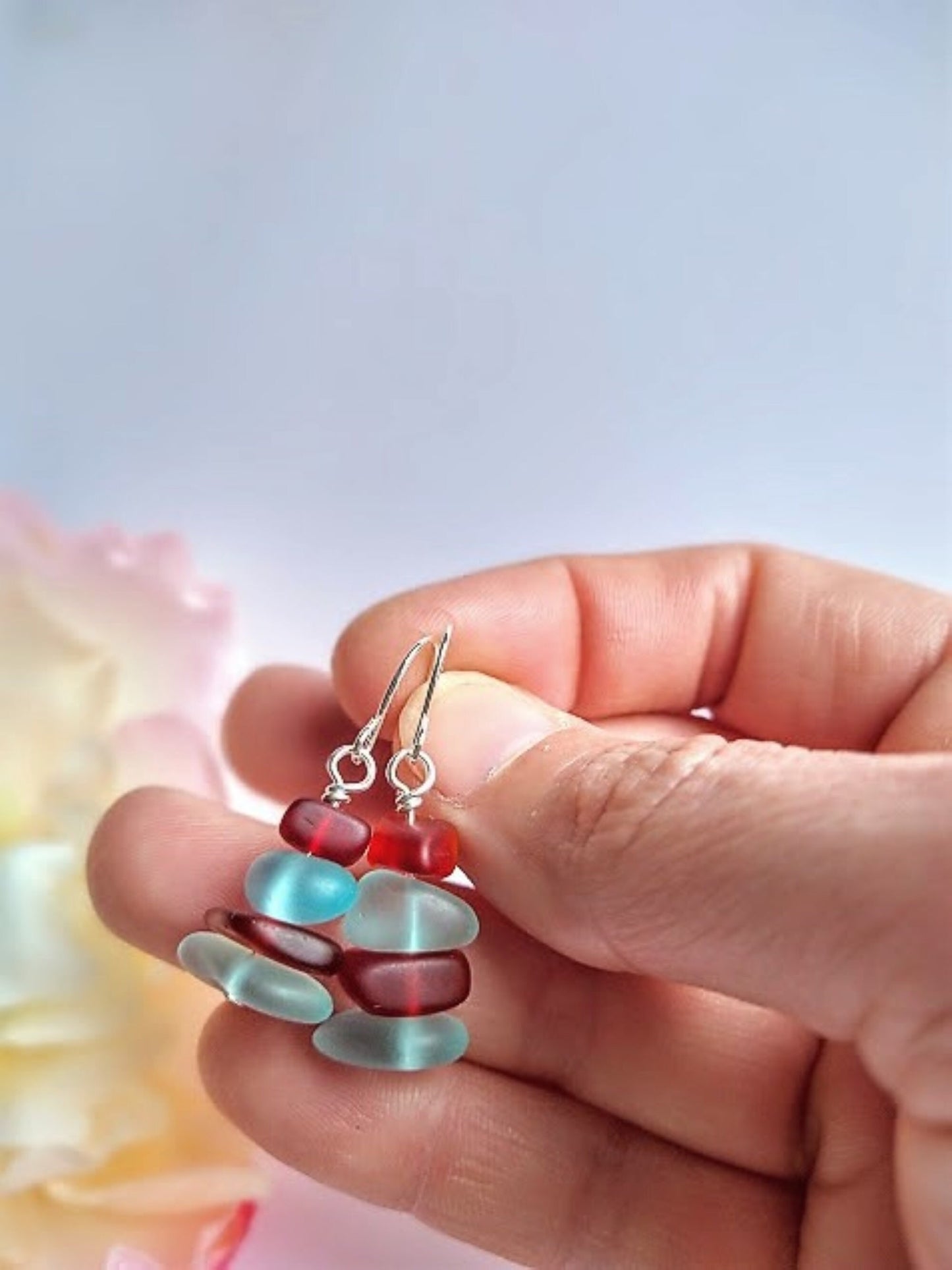 Red & Blue Sea Glass Earrings: Sterling Silver Beach Jewelry