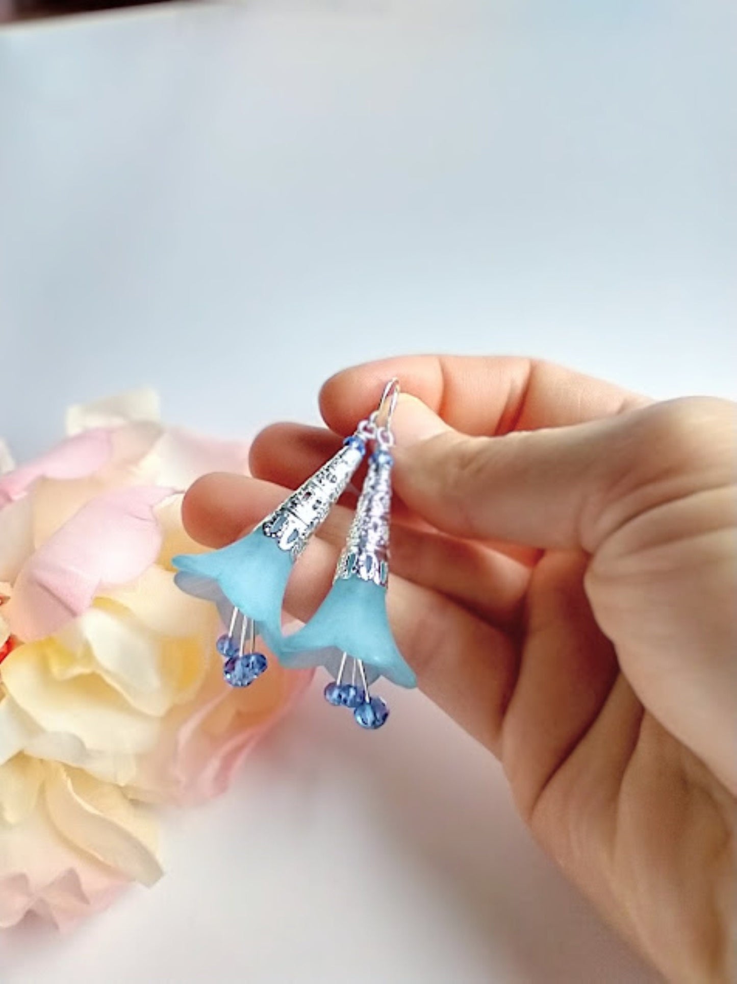 Blue Flower Earrings Floral Earrings Floral Jewelry Bridal Earrings Gift For Her Christmas Gift Handmade Blue Dangle Earrings