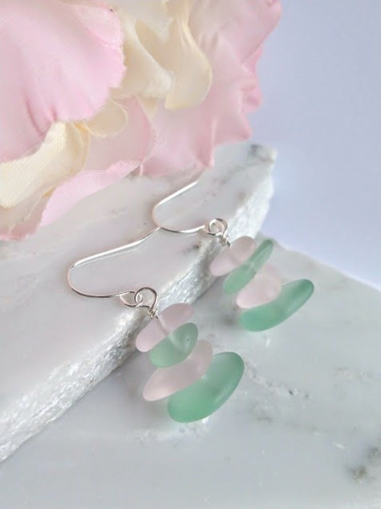 Stacked Sea Glass Earrings: Aqua Blue & Pink, Sterling Silver Dangle
