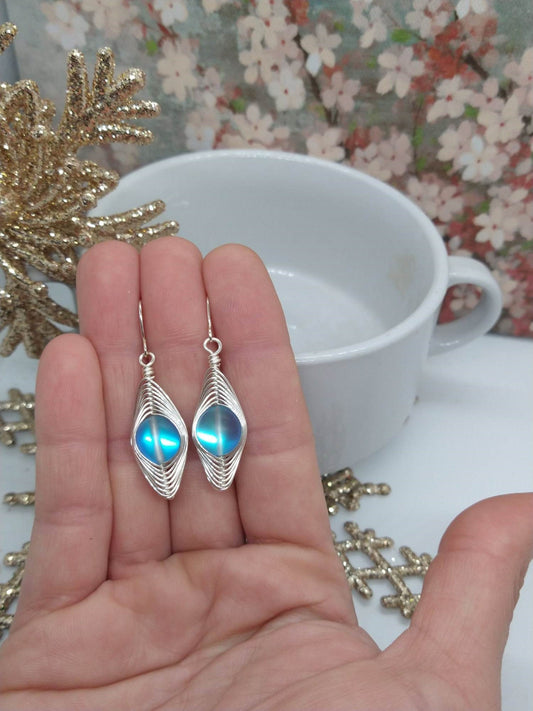 Stunning Blue Glow Earrings - Silver Wrapped Artisan Style