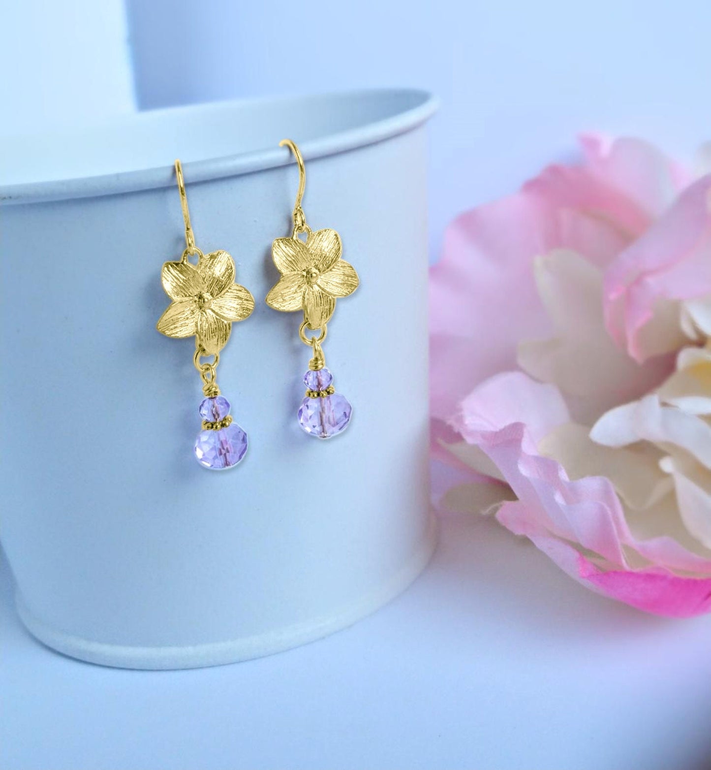 Gold Plumeria Flower Dangle Earrings: Purple Glass Floral Drops