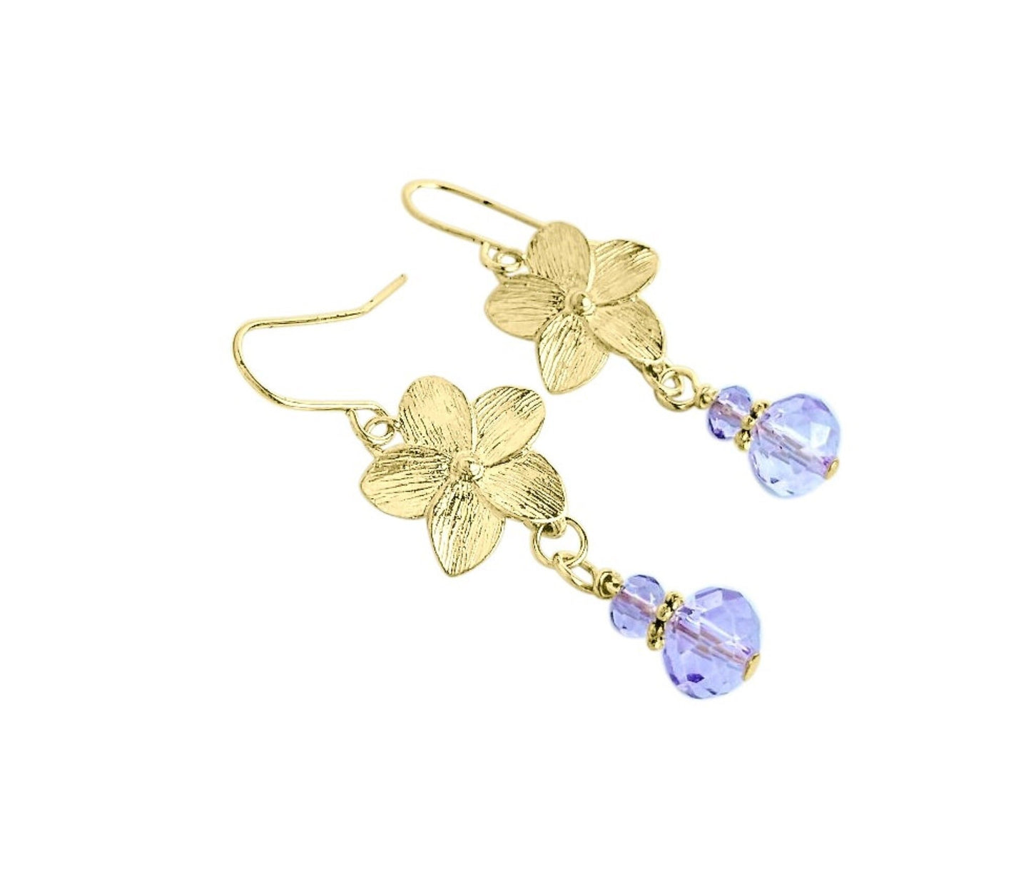 Gold Plumeria Flower Dangle Earrings: Purple Glass Floral Drops