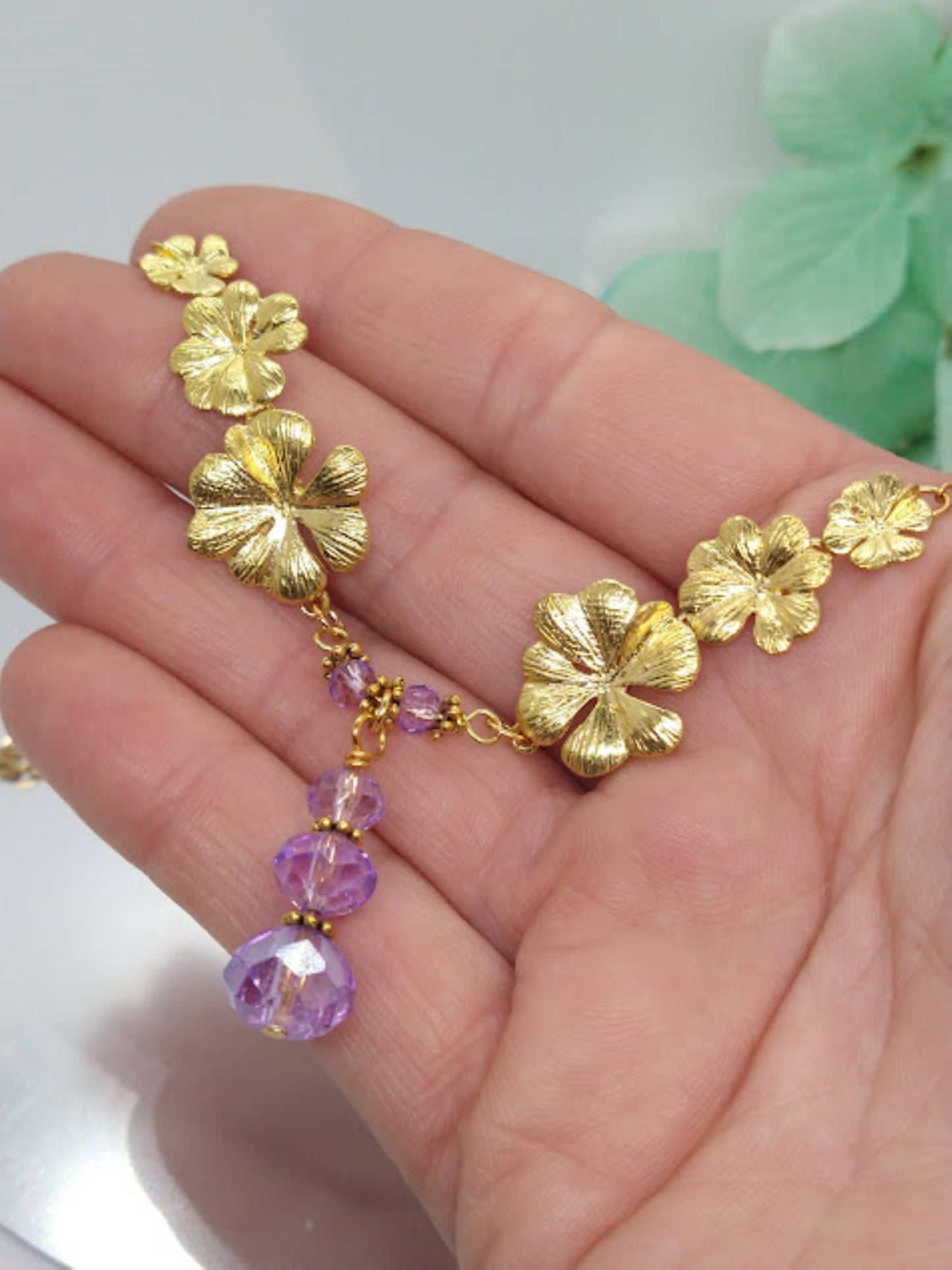 Gold Plumeria Flower Necklace with Amethyst Gemstone Crystals