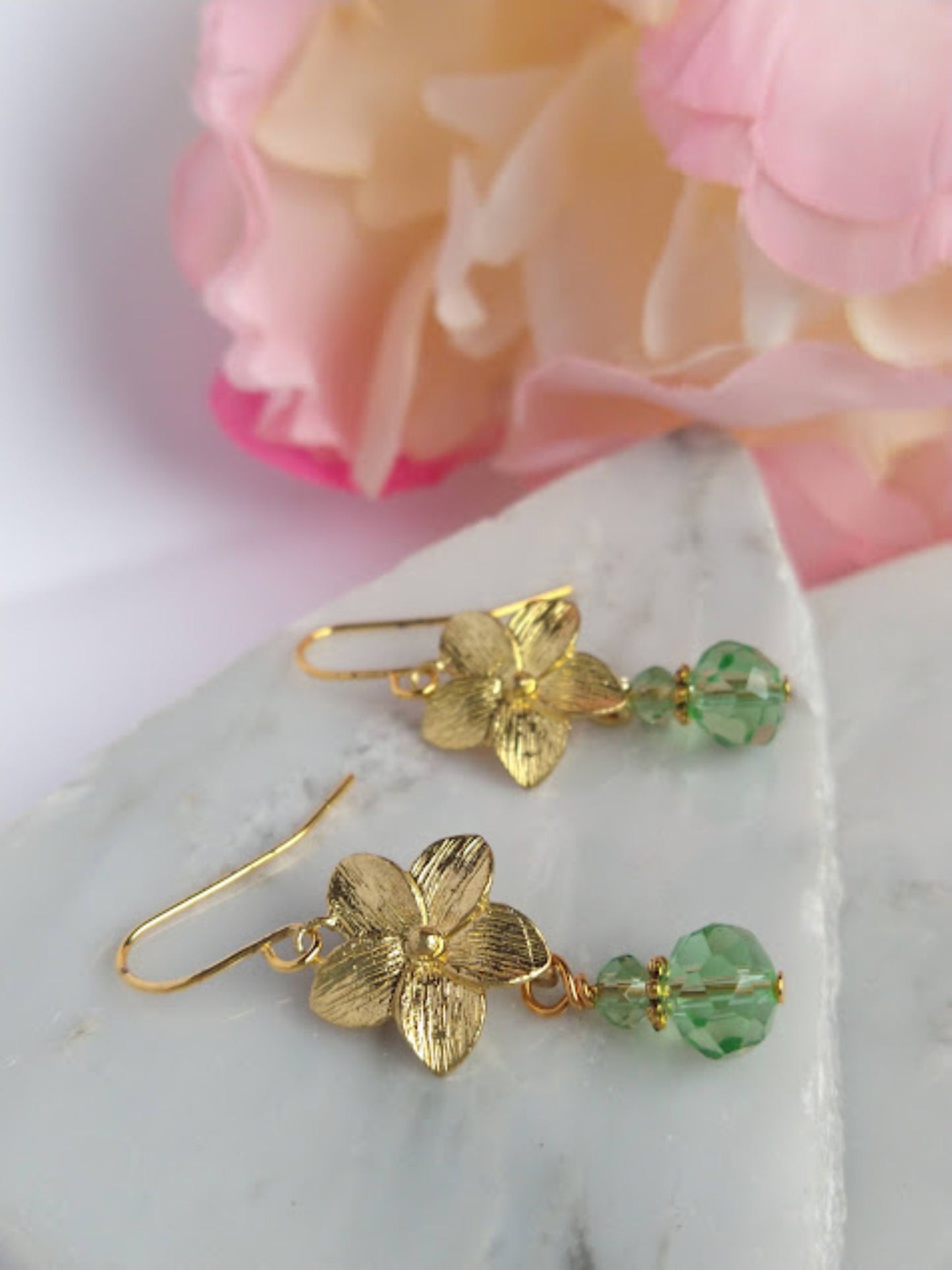 Gold Plumeria Earrings: Green Glass Hawaii Flower Earrings