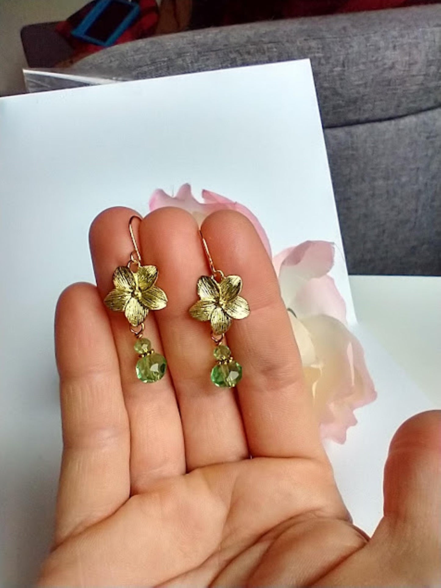 Gold Plumeria Earrings: Green Glass Hawaii Flower Earrings