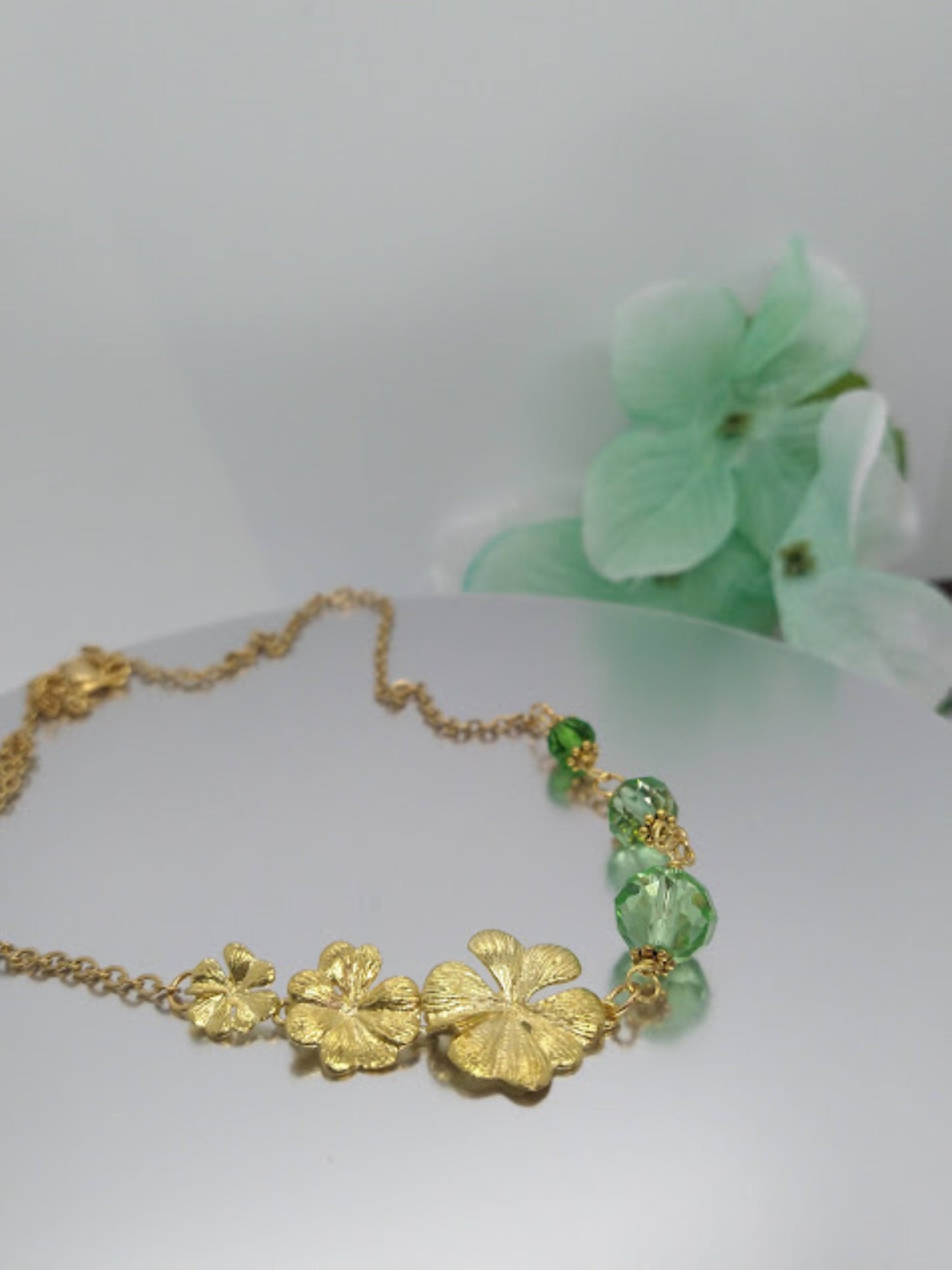 Gold Plumeria Flower Necklace: Green Glass Hawaii Bridal Chain