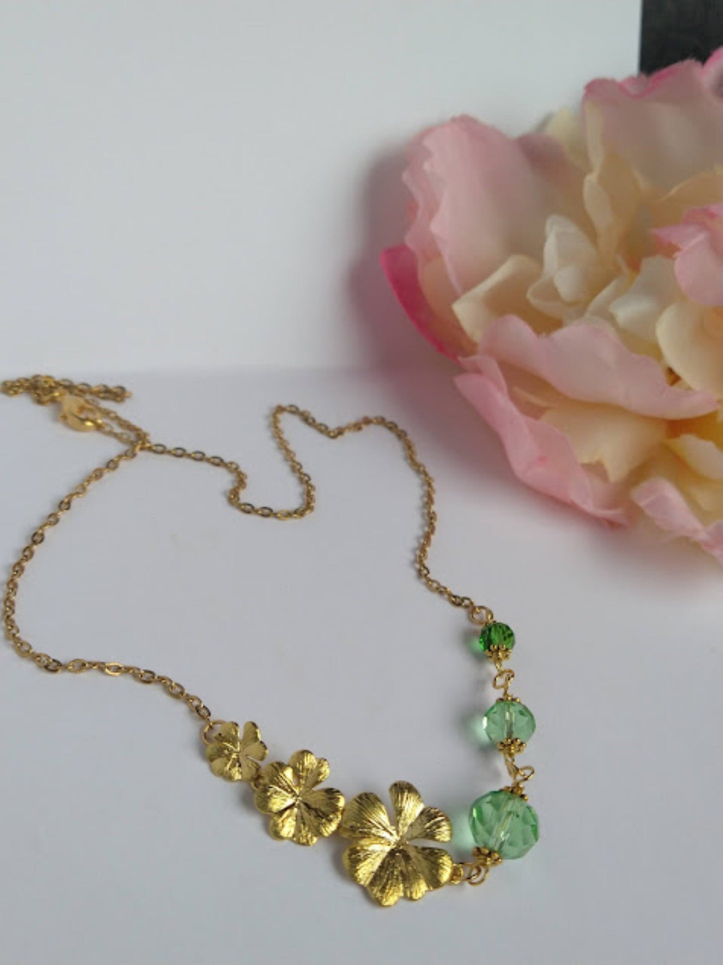 Gold Plumeria Flower Necklace: Green Glass Hawaii Bridal Chain