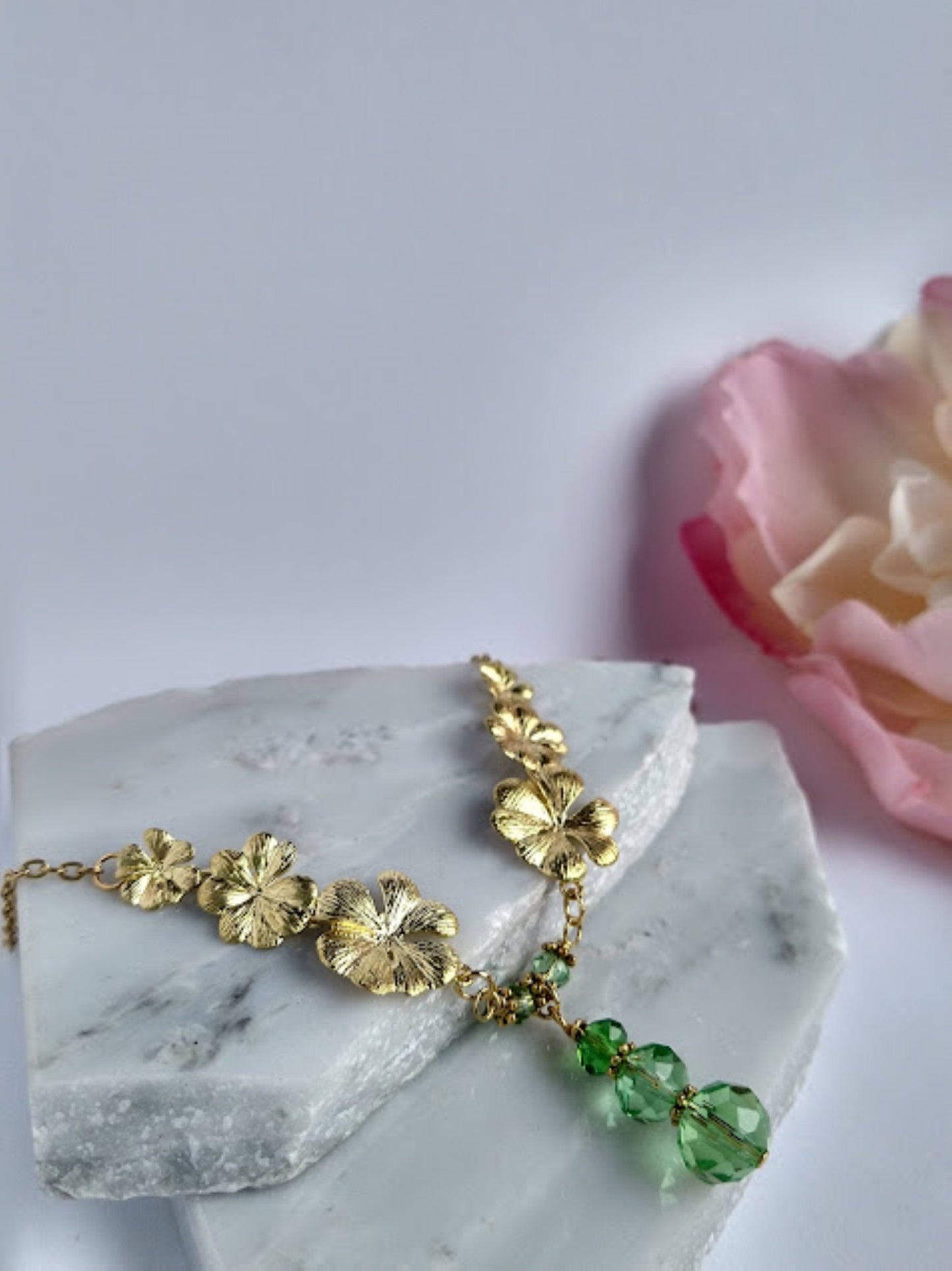 Gold Plumeria Flower Necklace: Green Glass Bridal Chain