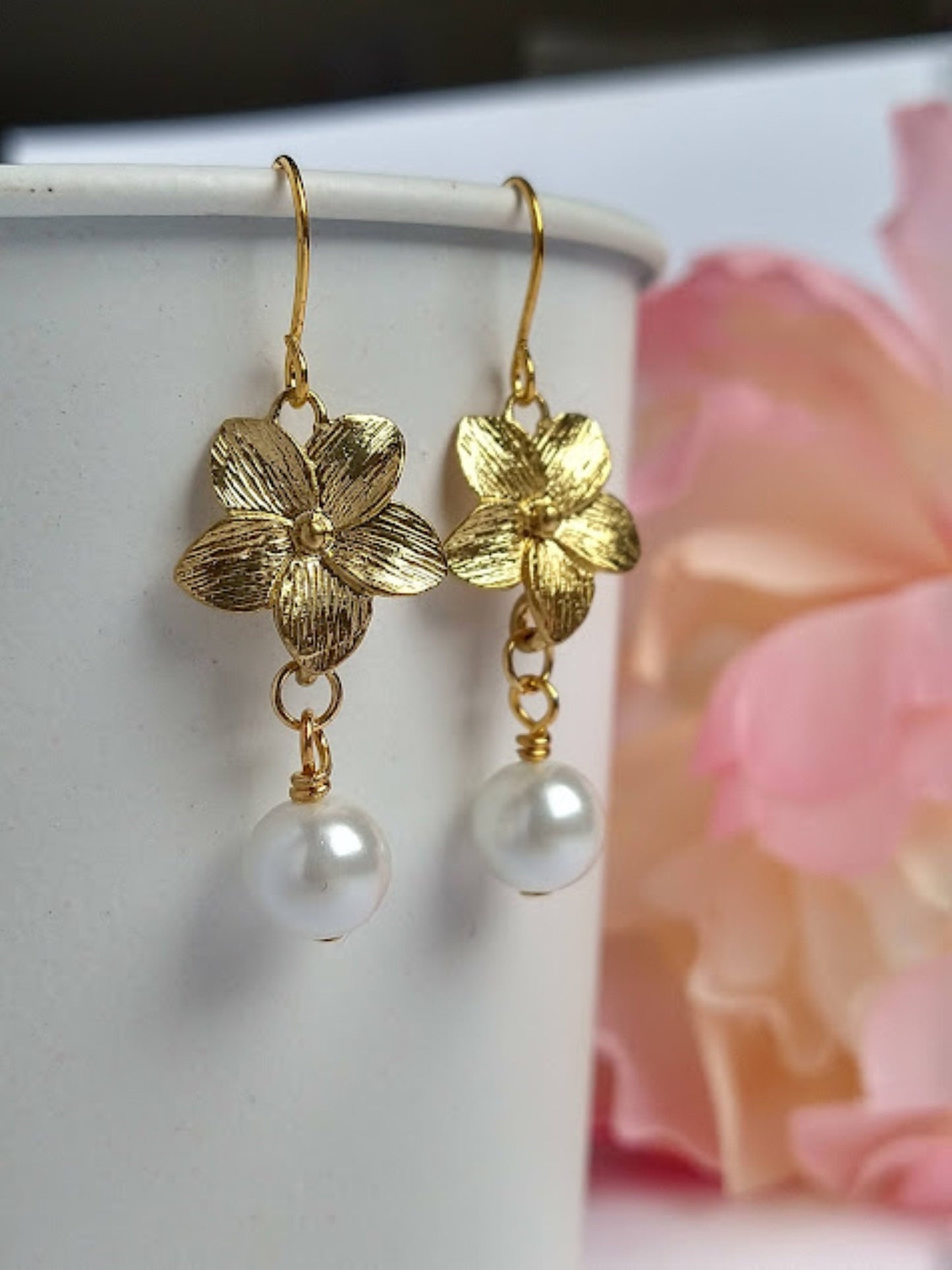 Gold Floral Drop Jewelry with Freshwater Pearl, Elegant Gift, Hook or Leverback Ear Wires