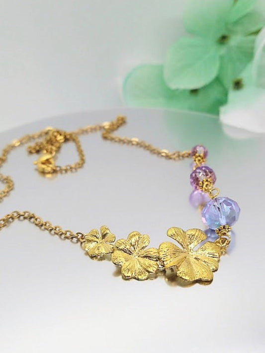 24kt Gold Plumeria Flower Necklace: Amethyst Crystal Bridal Jewelry