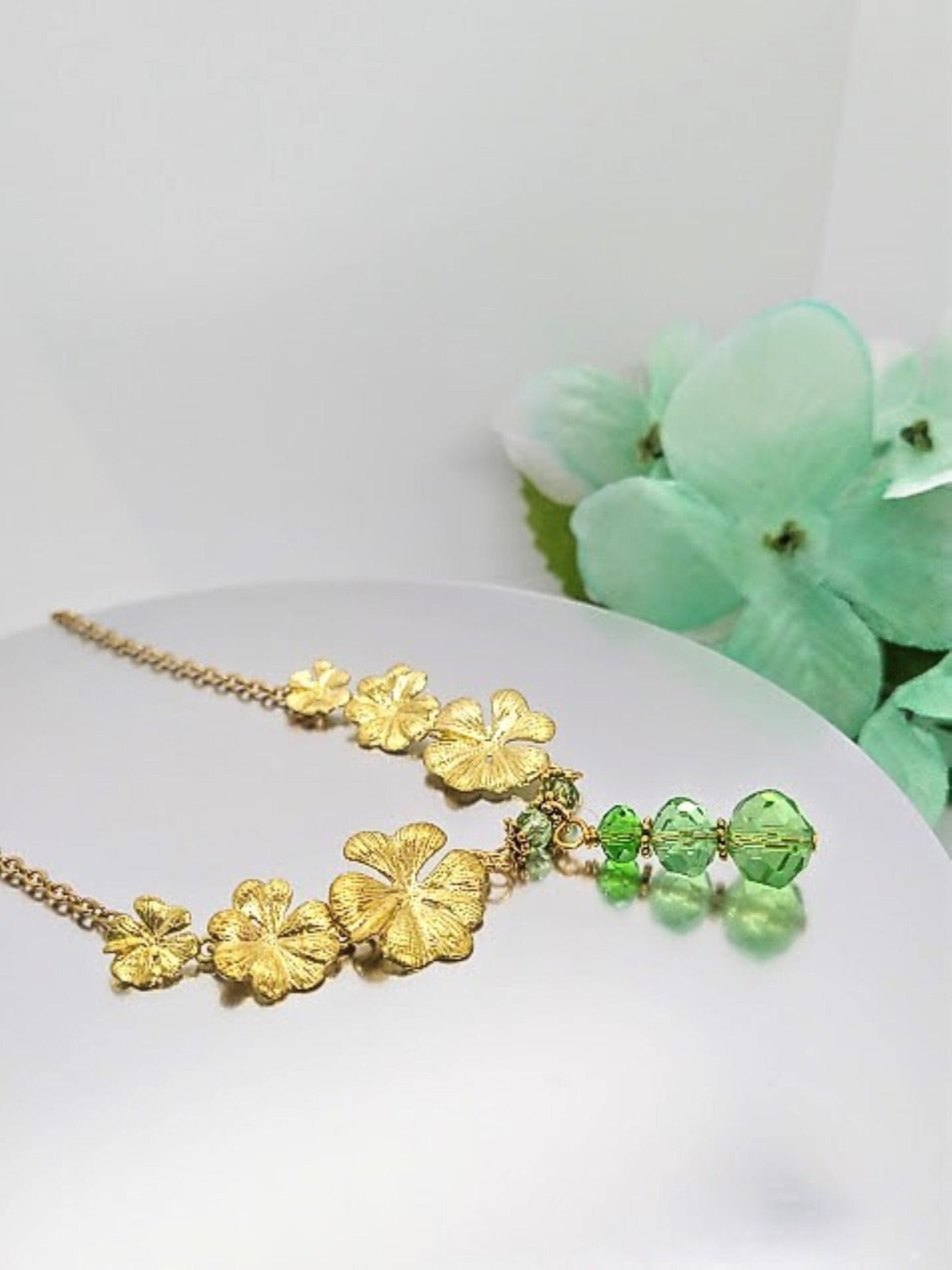 Gold Plumeria Flower Necklace: Green Glass Bridal Chain