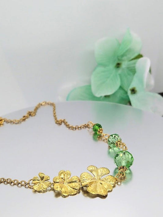 Gold Plumeria Flower Necklace: Green Glass Hawaii Bridal Chain