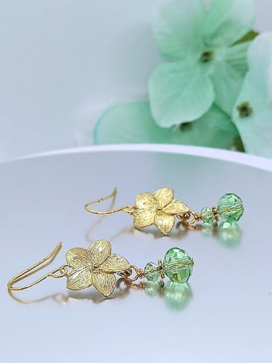 Gold Plumeria Earrings: Green Glass Hawaii Flower Earrings