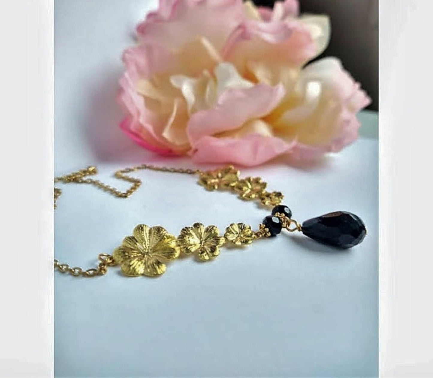 Gold Plumeria Flower Necklace: Black Onyx Gemstone Bridal Jewelry