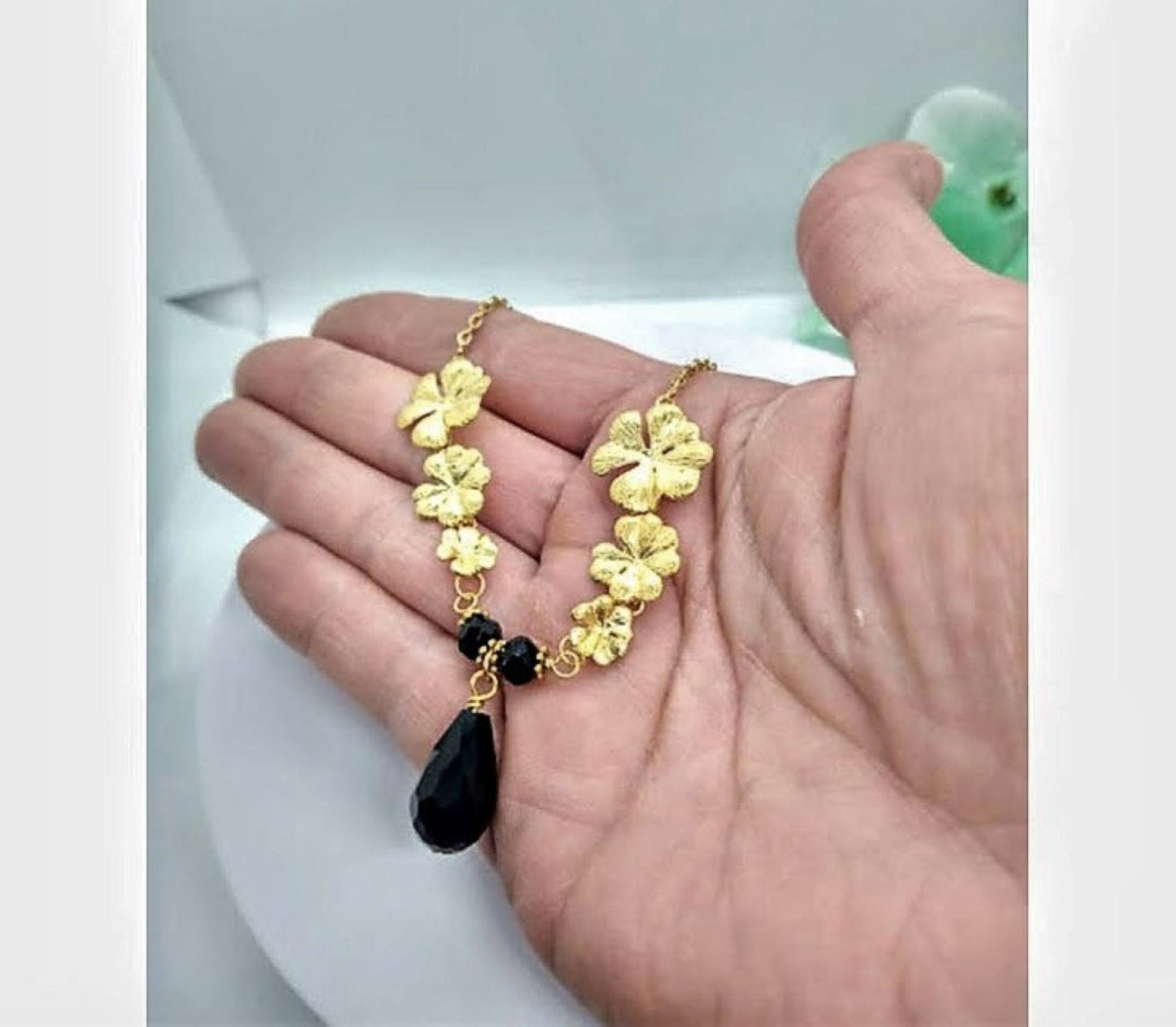 Gold Plumeria Flower Necklace: Black Onyx Gemstone Bridal Jewelry