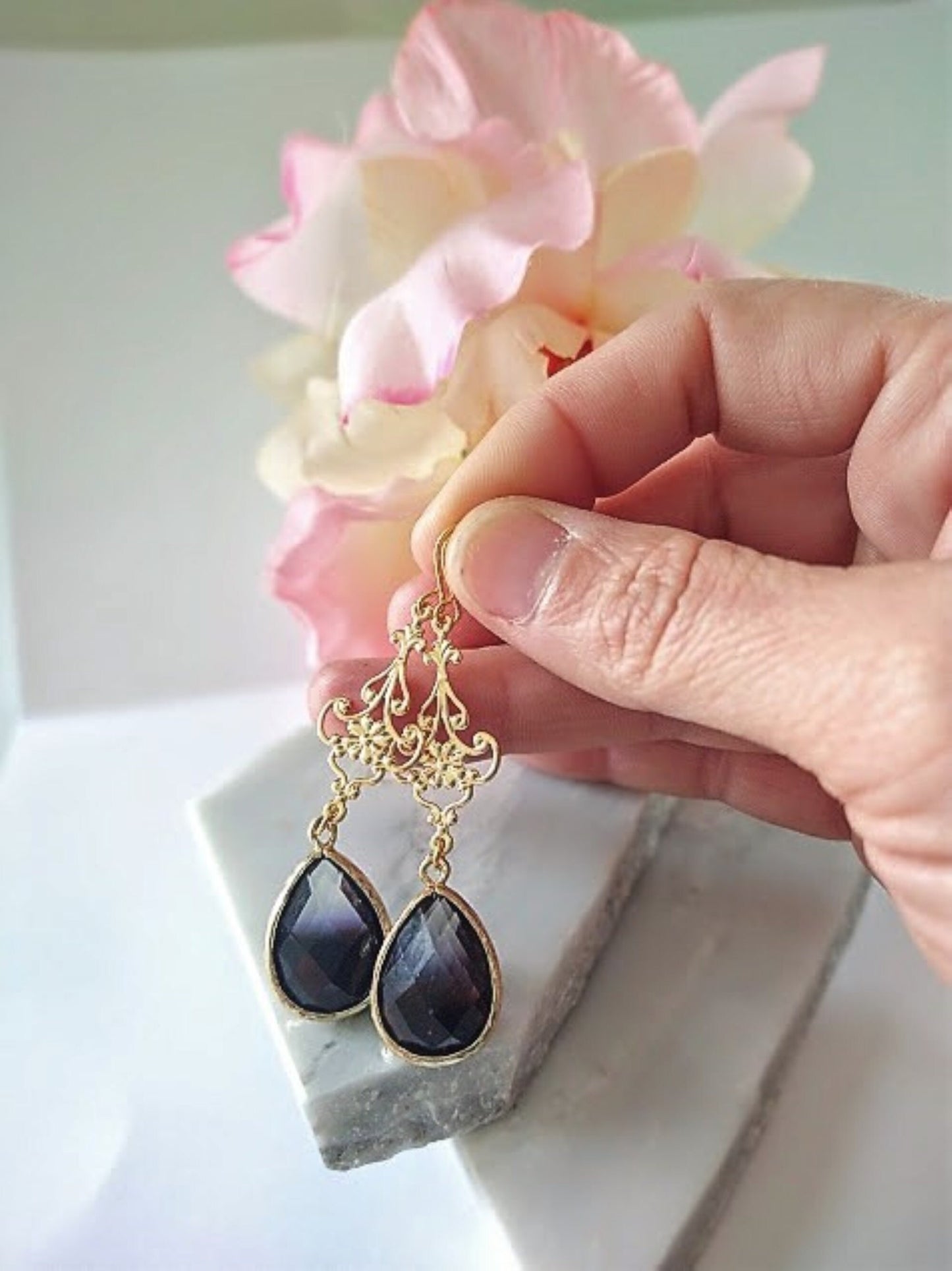 Teardrop Dangle Earrings dainty Black Drops 24kt Gold Jewelry