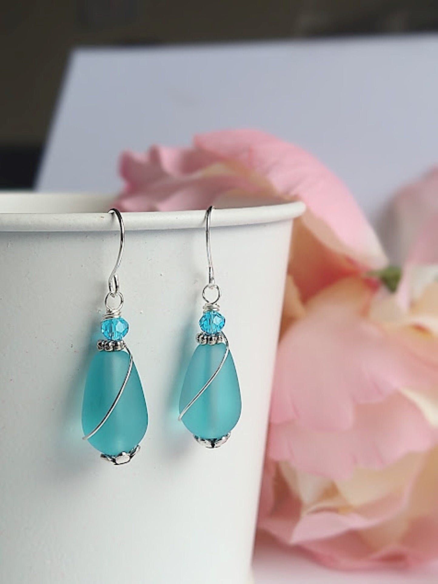Frosted Sea Glass Teardrop Earrings: Sterling Silver Wire-Wrapped Jewelry