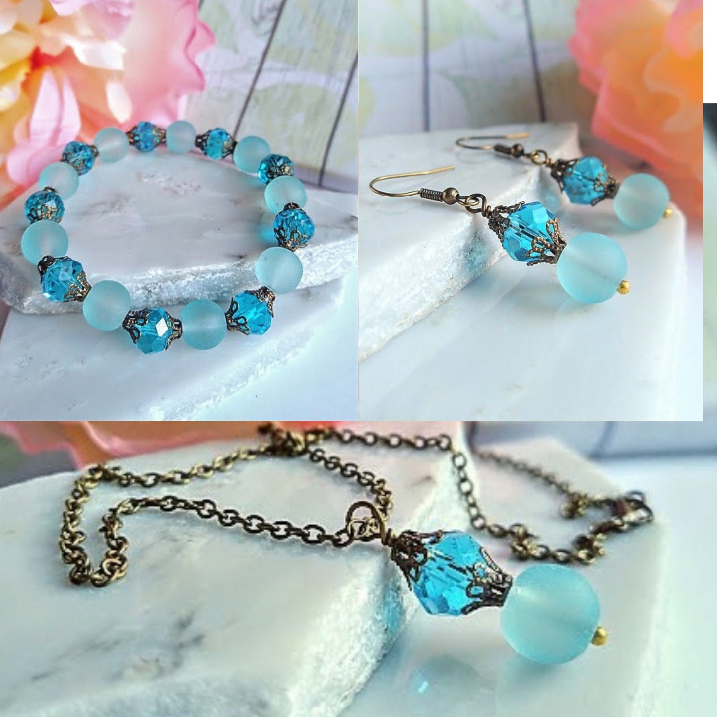 Blue Dangle Earrings and Stretch Bracelet Set - Dainty Jewelry Gift For Her Vintage Necklace Set