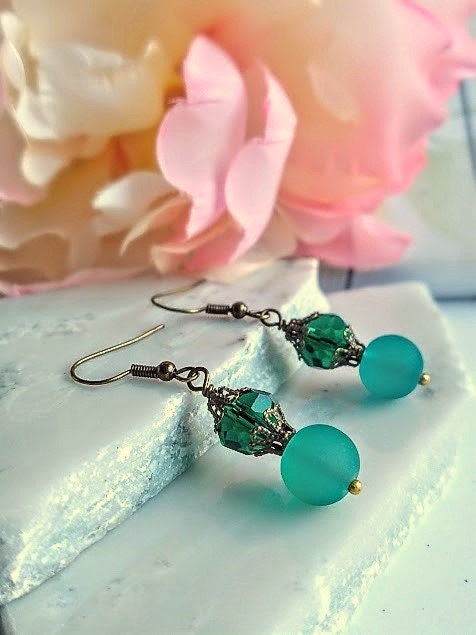 Dainty Teal Blue Dangle Earrings Antique Jewelry Gift For Her Stretch Bracelet Vintage Necklace 3 Piece SET Bad Apple Designs