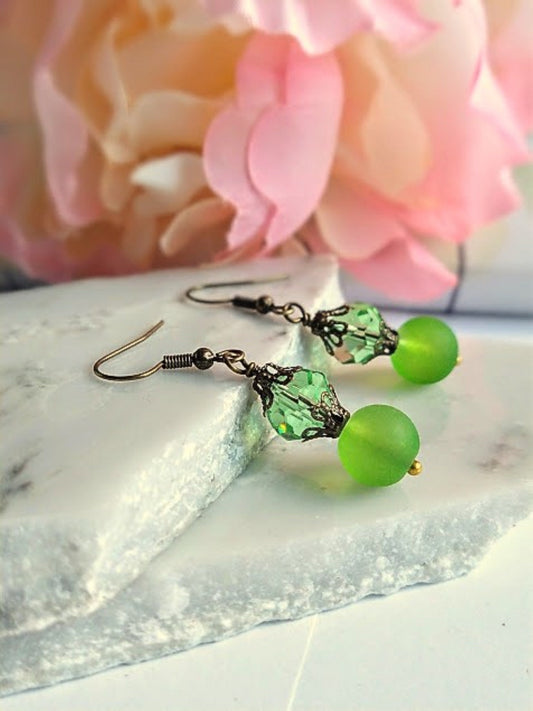 Green Stretch Bracelet & Earrings Set Dainty Gift for Her by Bad Apple Designs Vintage Gemstone Bridal Jewelry