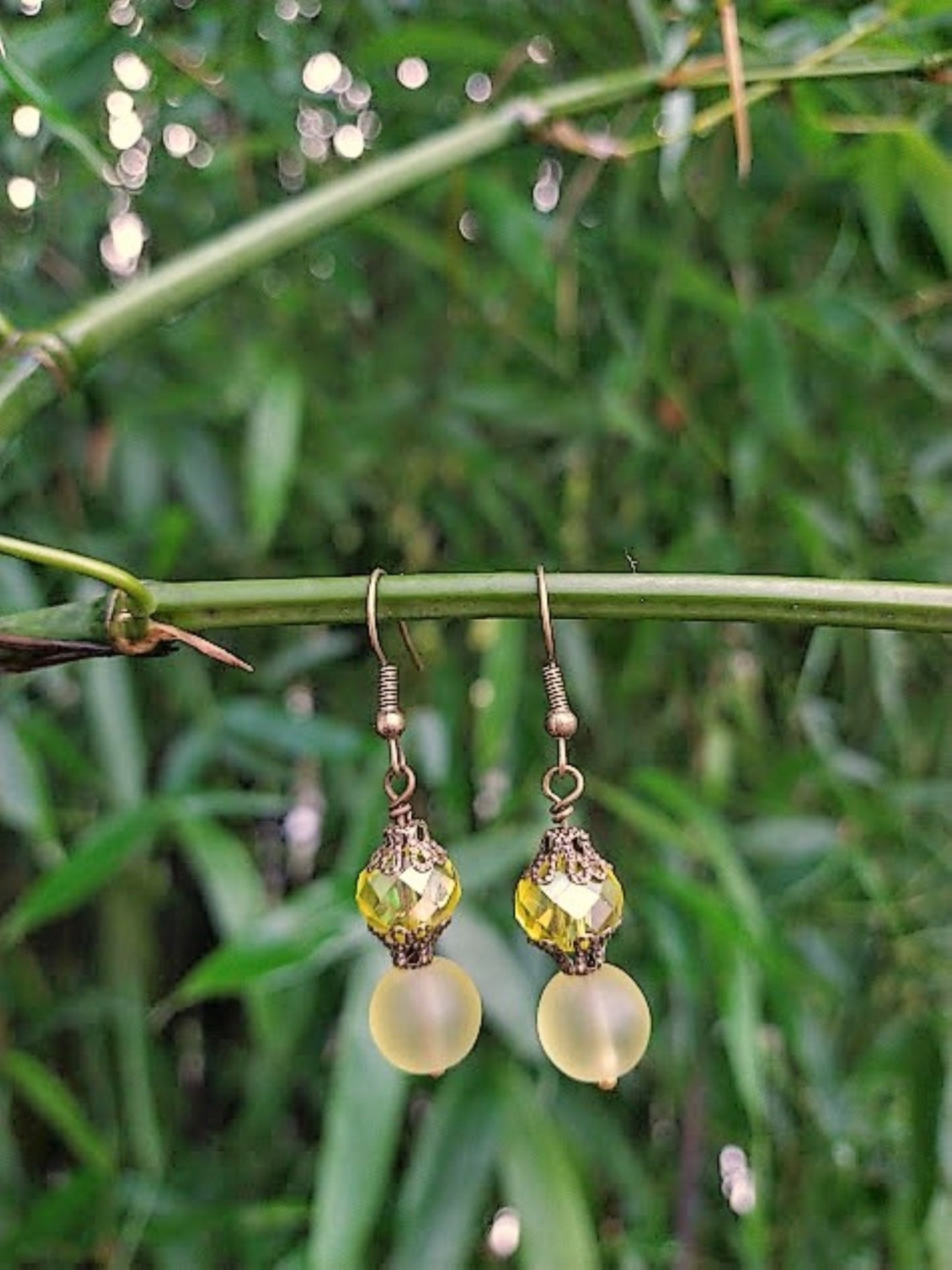 Yellow Sea Glass Dangle Earrings: Brass Victorian Style