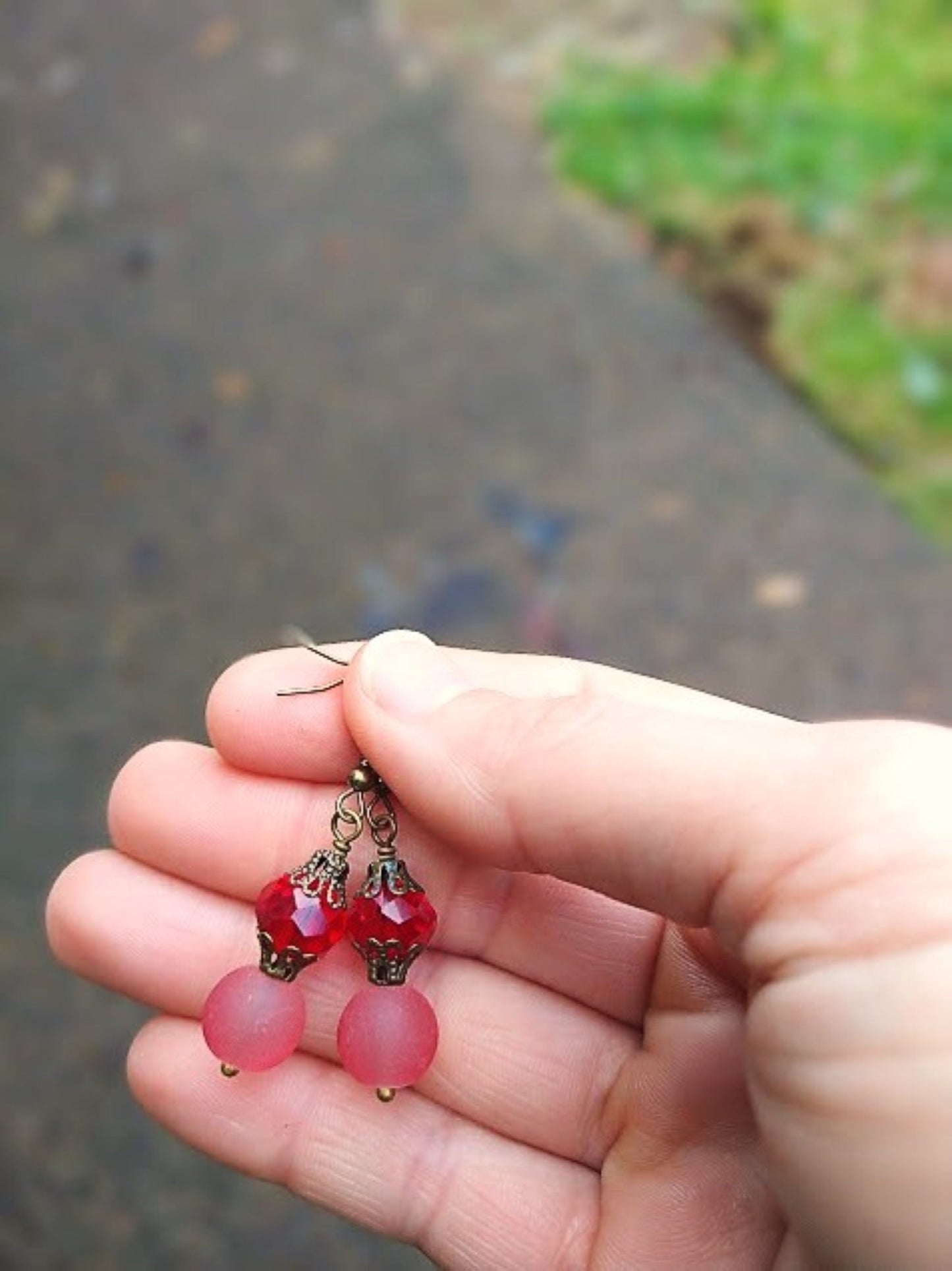 Red Sea Glass Dangle Earrings: Brass Bead Caps, Hypoallergenic Wires