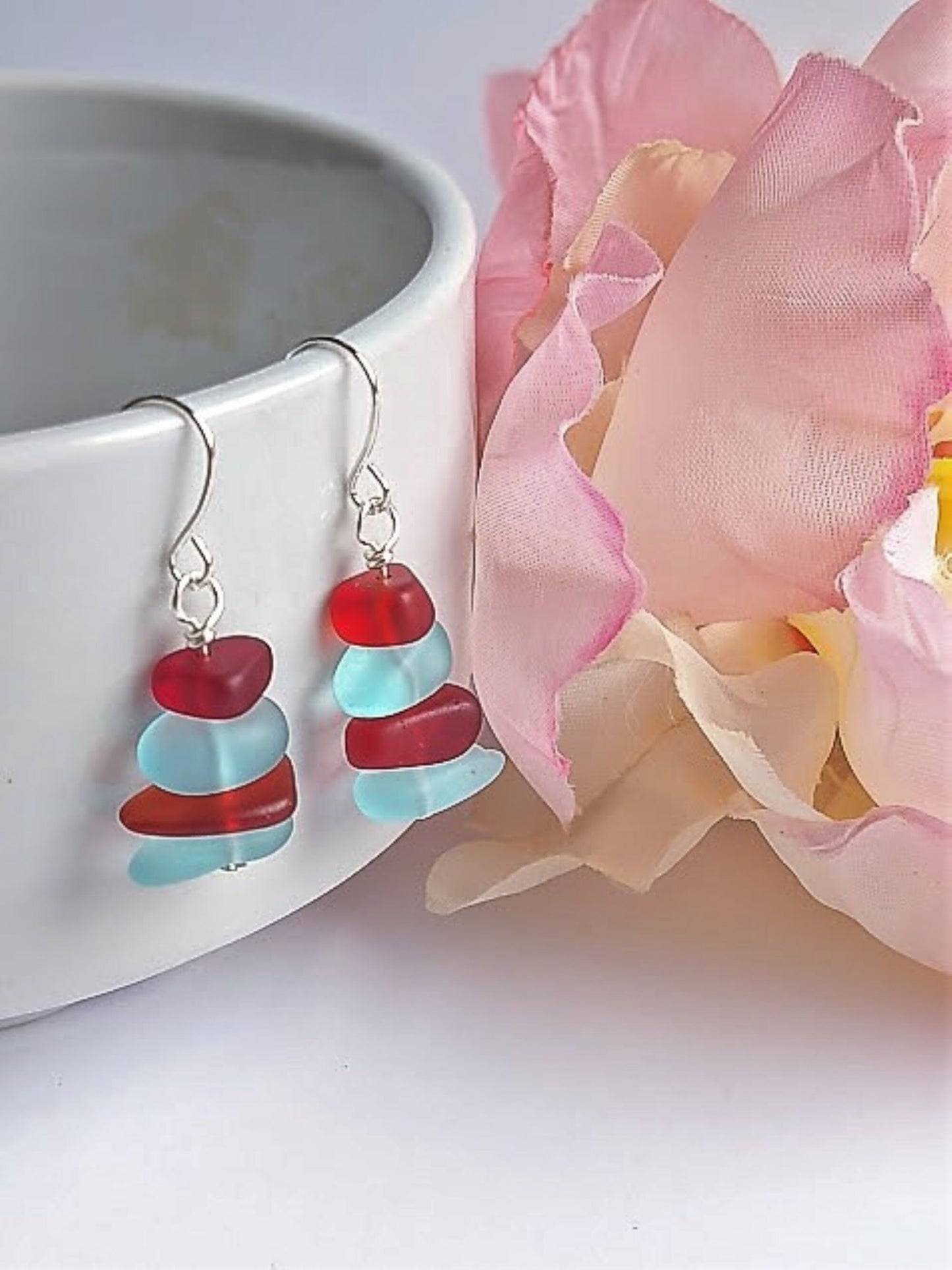 Red & Blue Sea Glass Earrings: Sterling Silver Beach Jewelry