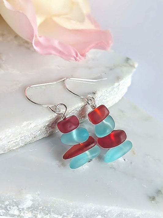 Red & Blue Sea Glass Earrings: Sterling Silver Beach Jewelry