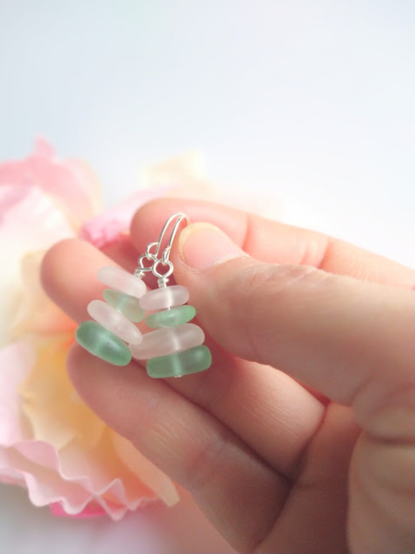 Stacked Sea Glass Earrings: Aqua Blue & Pink, Sterling Silver Dangle