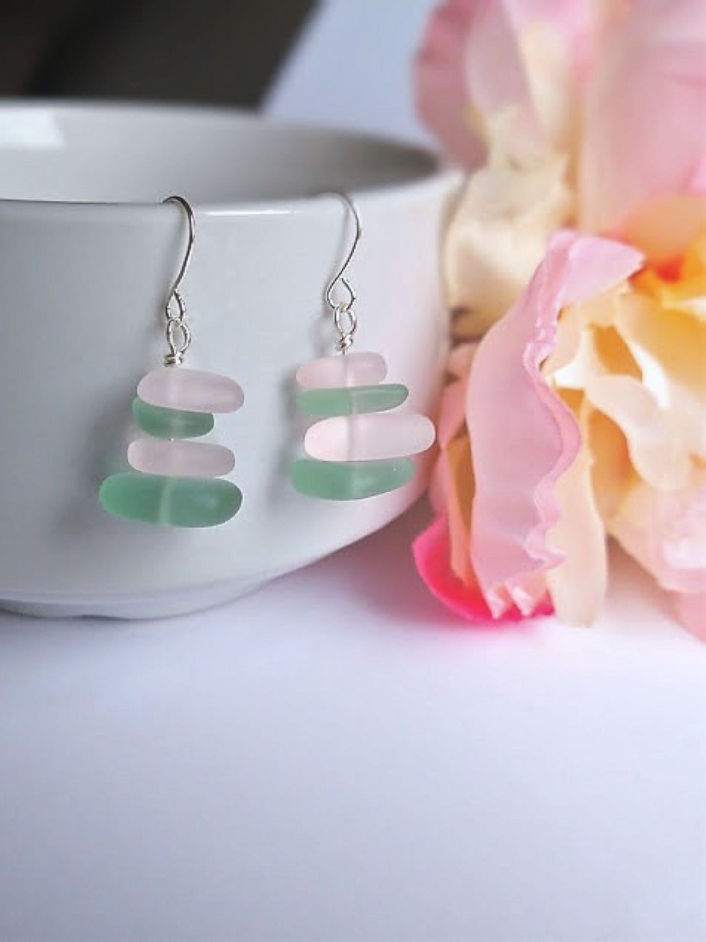 Stacked Sea Glass Earrings: Aqua Blue & Pink, Sterling Silver Dangle