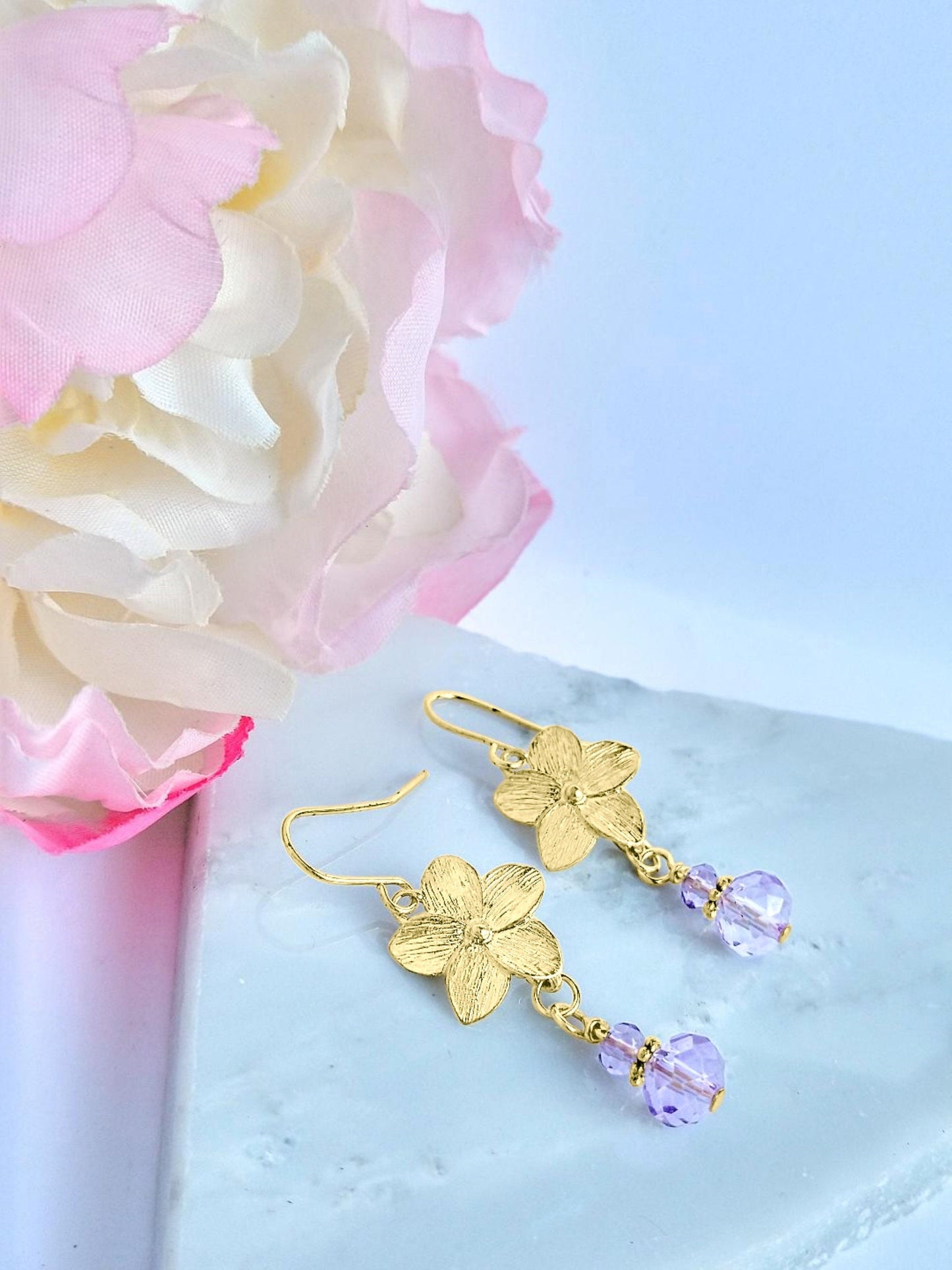 Gold Plumeria Flower Dangle Earrings: Purple Glass Floral Drops