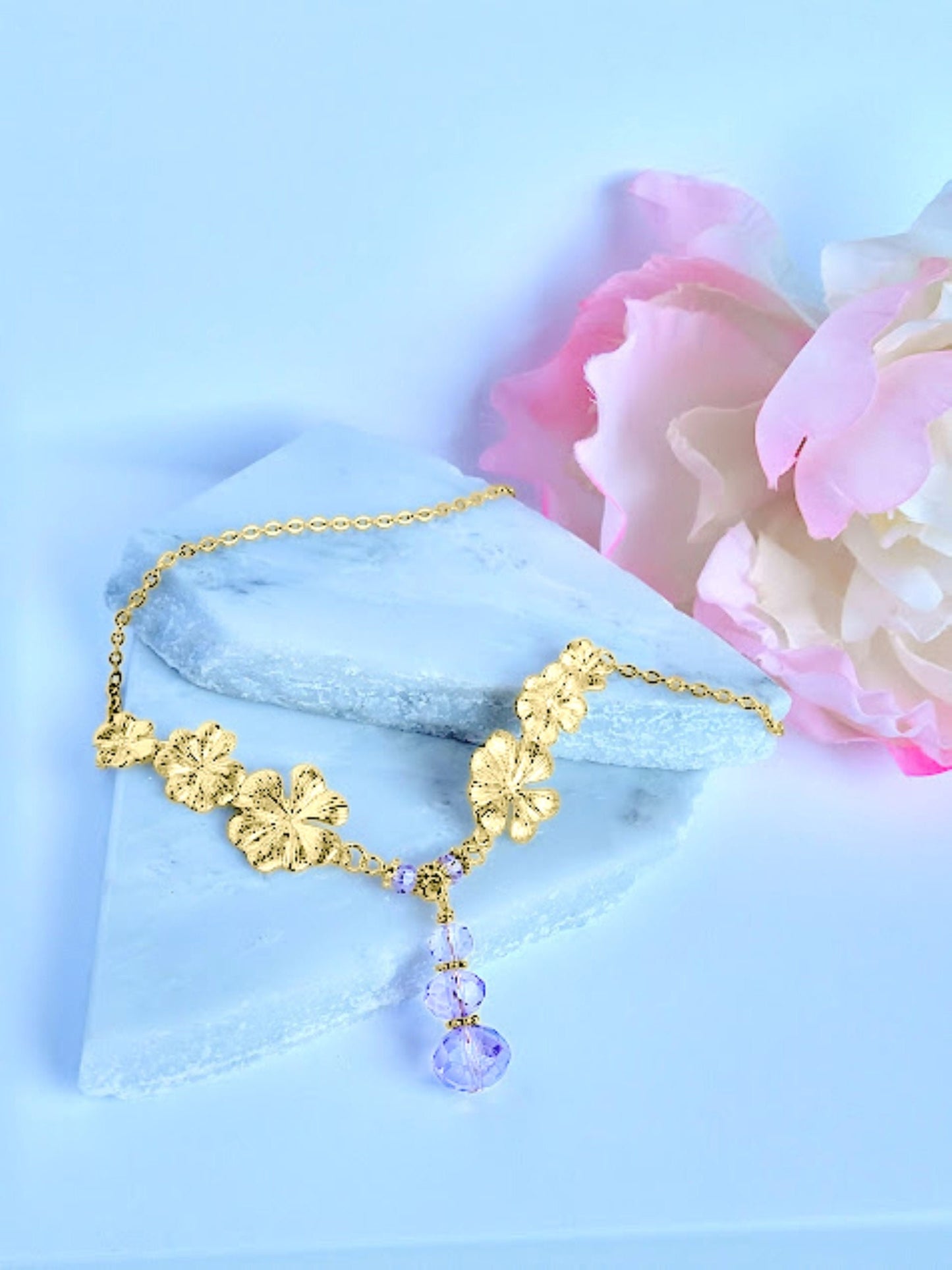 Gold Plumeria Flower Necklace with Amethyst Gemstone Crystals