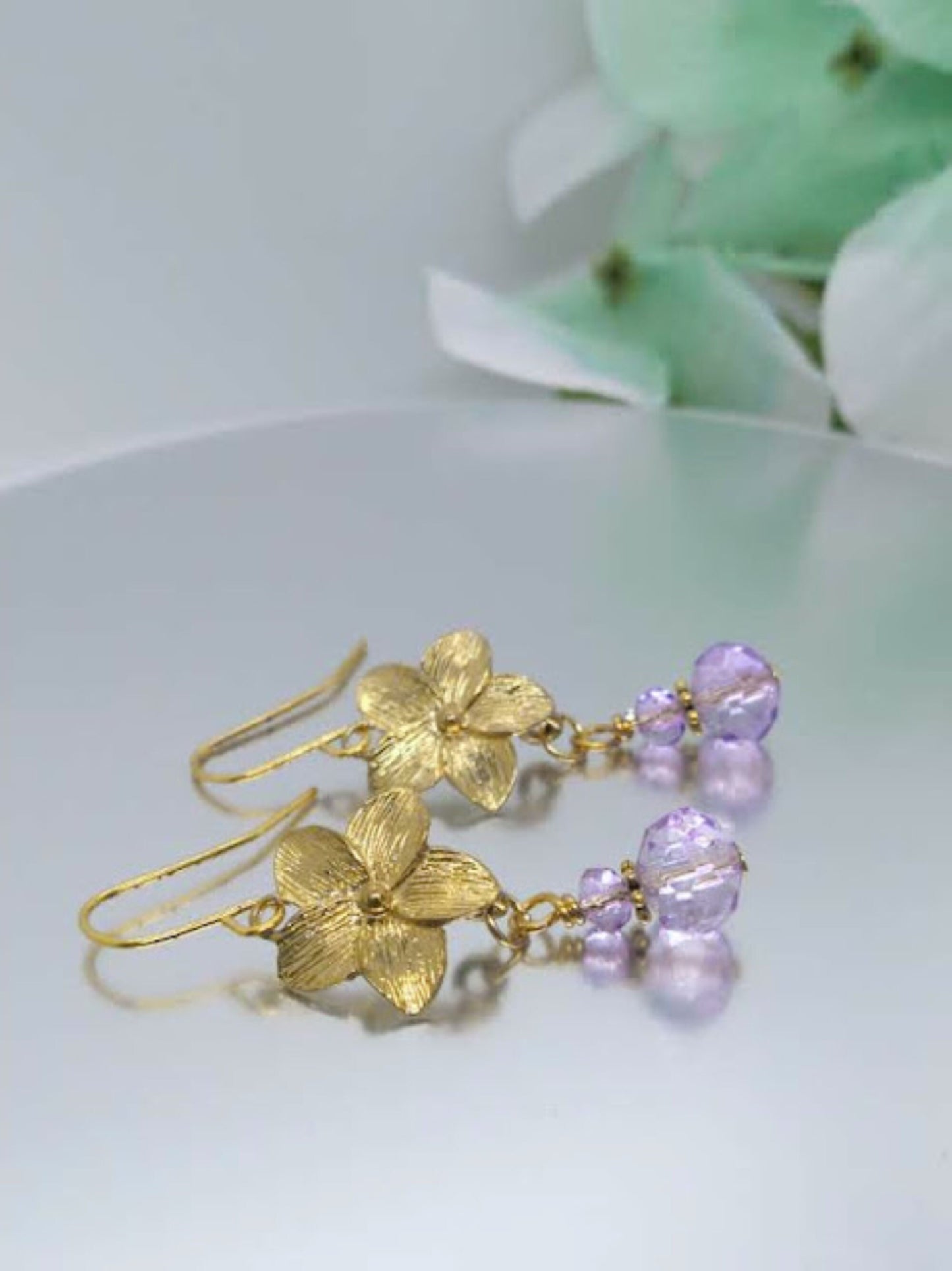 Gold Plumeria Flower Dangle Earrings: Purple Glass Floral Drops