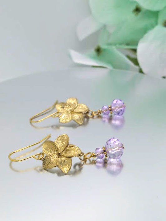 Gold Plumeria Flower Dangle Earrings: Purple Glass Floral Drops