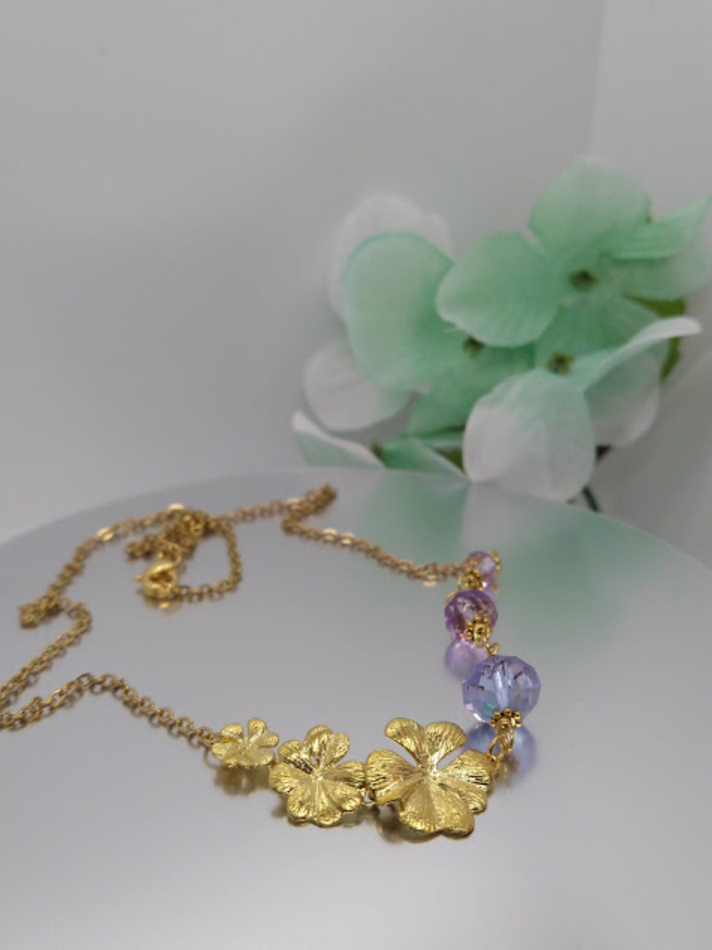 24kt Gold Plumeria Flower Necklace: Amethyst Crystal Bridal Jewelry