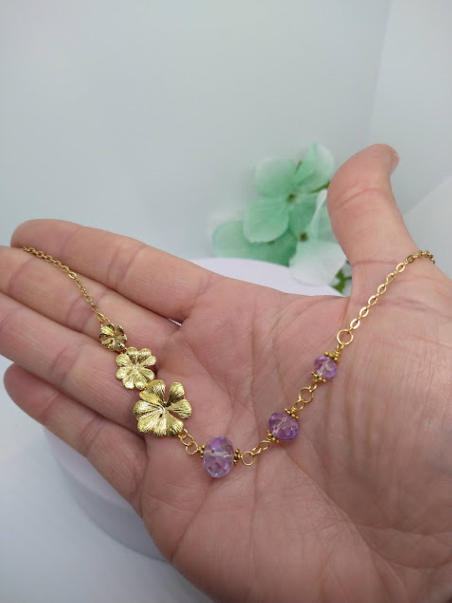 24kt Gold Plumeria Flower Necklace: Amethyst Crystal Bridal Jewelry
