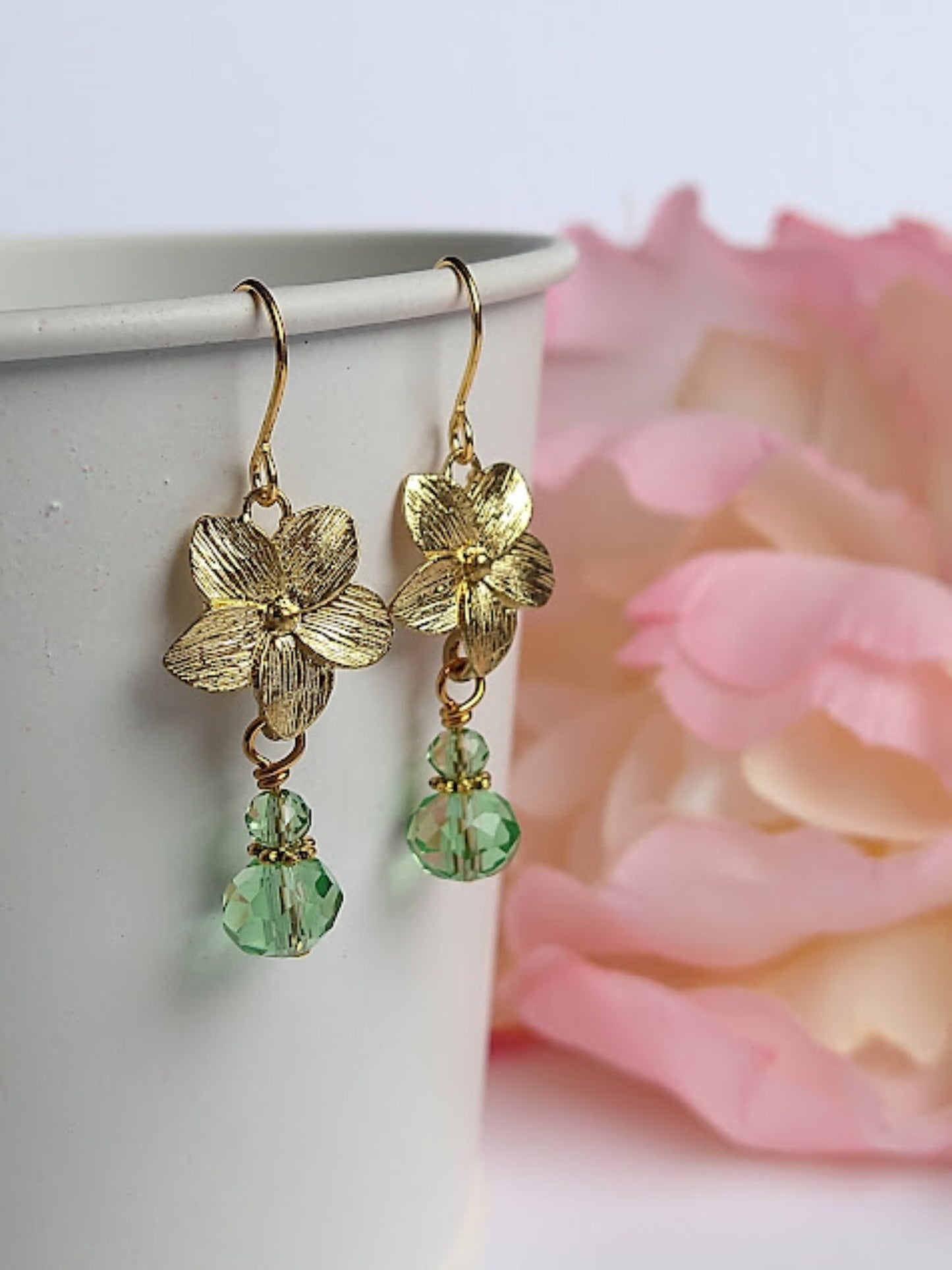 Gold Plumeria Earrings: Green Glass Hawaii Flower Earrings