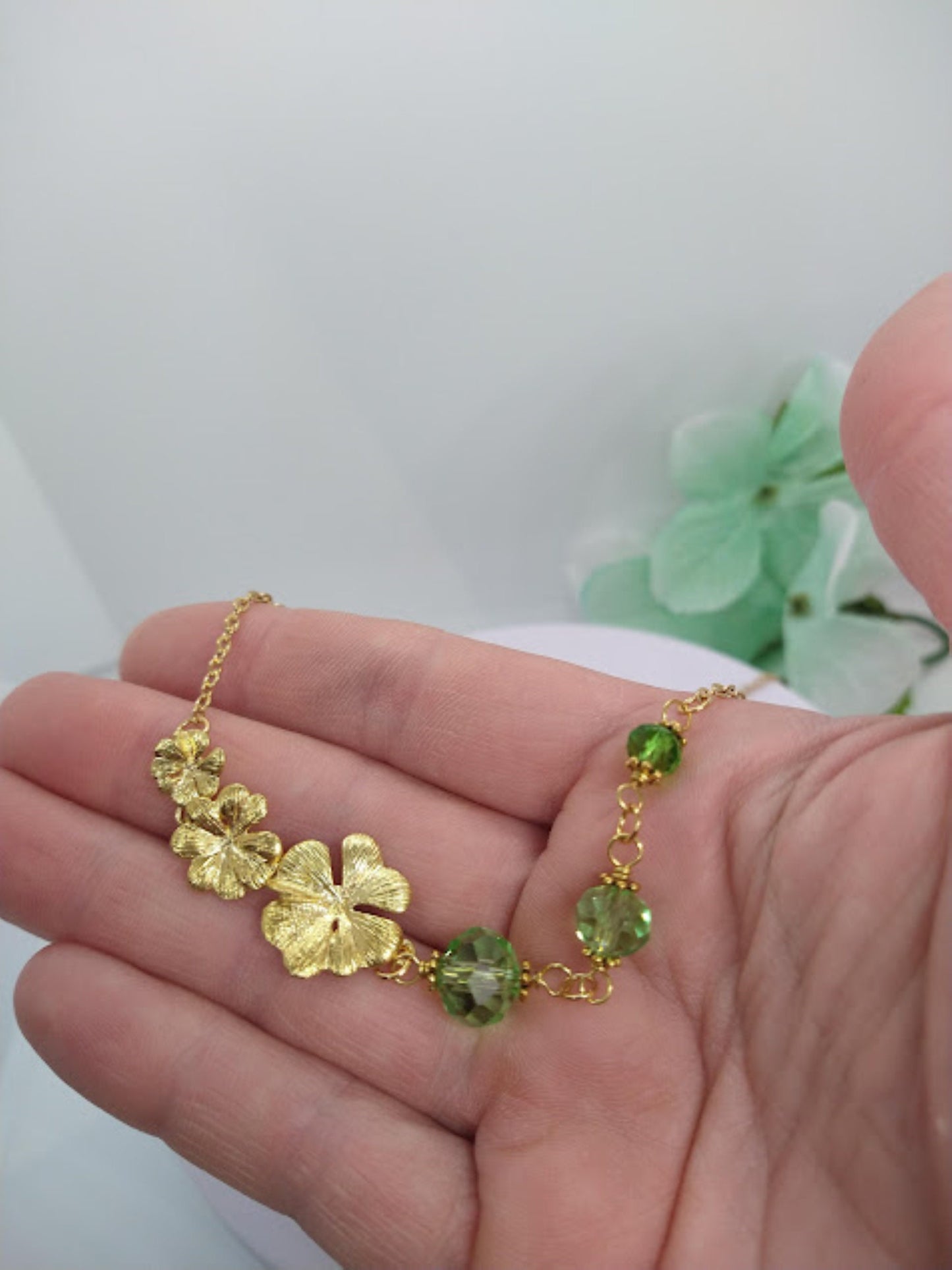Gold Plumeria Flower Necklace: Green Glass Hawaii Bridal Chain