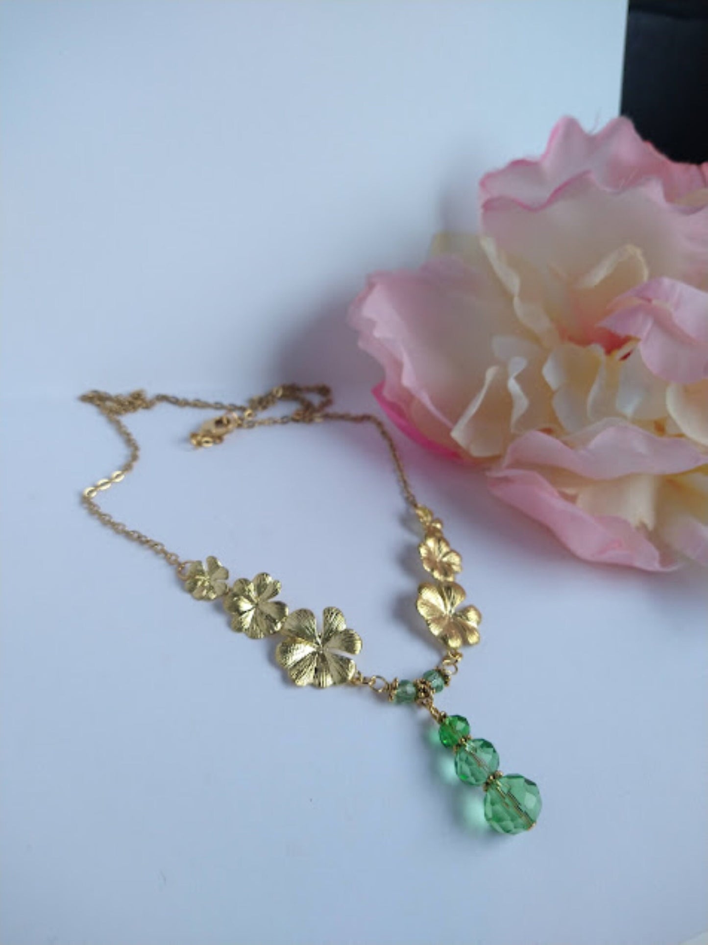 Gold Plumeria Flower Necklace: Green Glass Bridal Chain